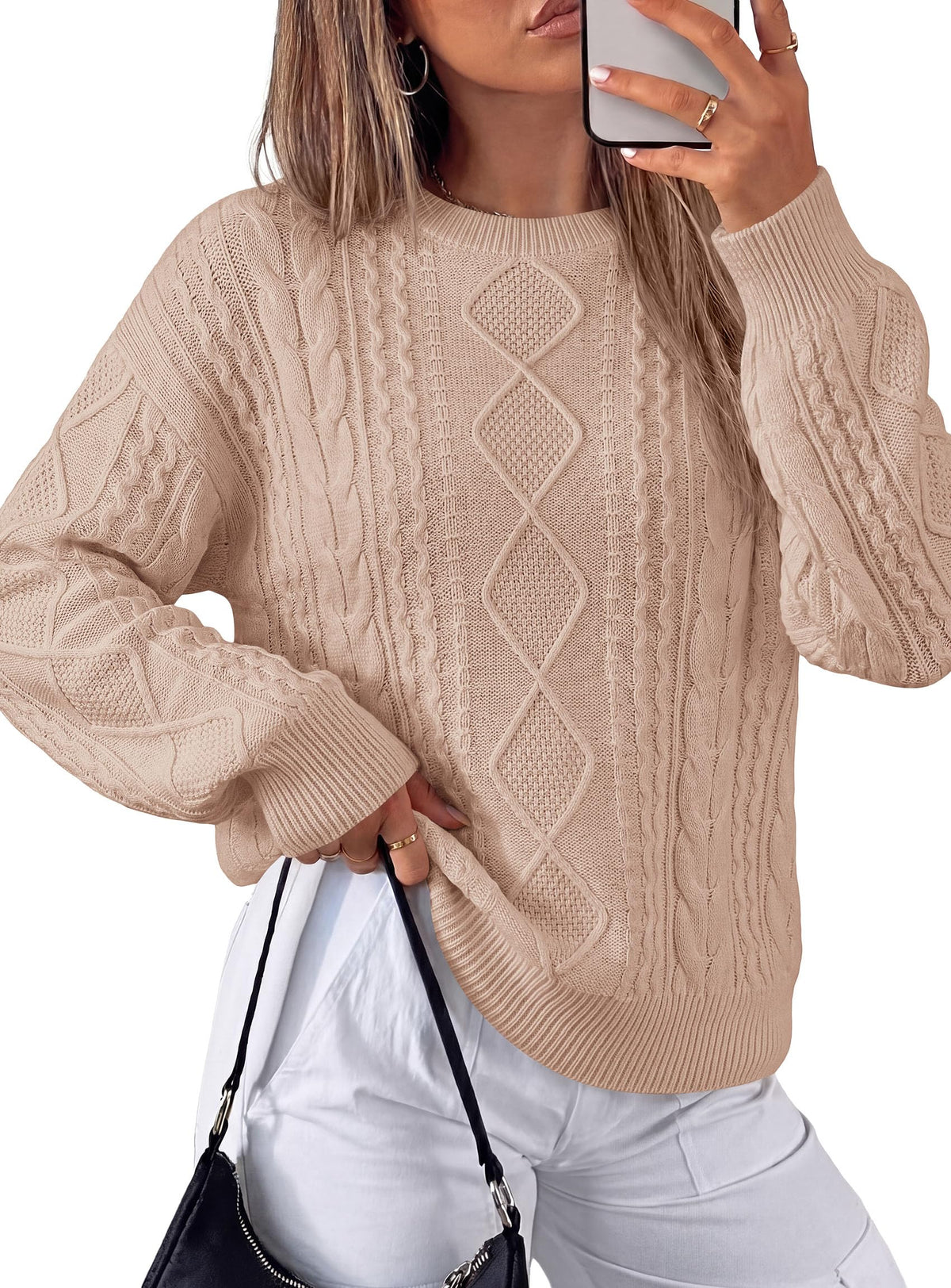 PRETTYGARDEN Women's Crewneck Cable Knit Sweater Pullover Tops Soft Luxury,Long Sleeve Sweaters,Chunky Texture,Fall Outfits,Warm Layering,Daily Wear,Work Holiday,Winter Going out Top
