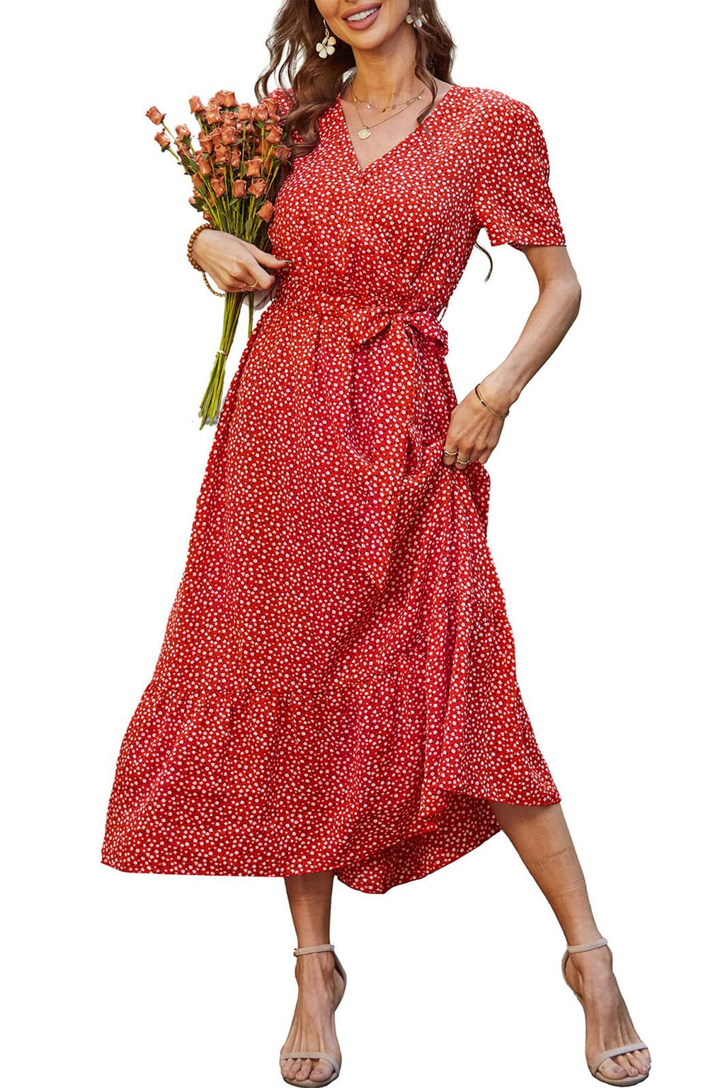 PRETTYGARDEN Women's Summer Floral Boho Maxi Dress Wrap Short Sleeve V Neck Ruffle A-Line Flowy Wedding Guest Long Dresses