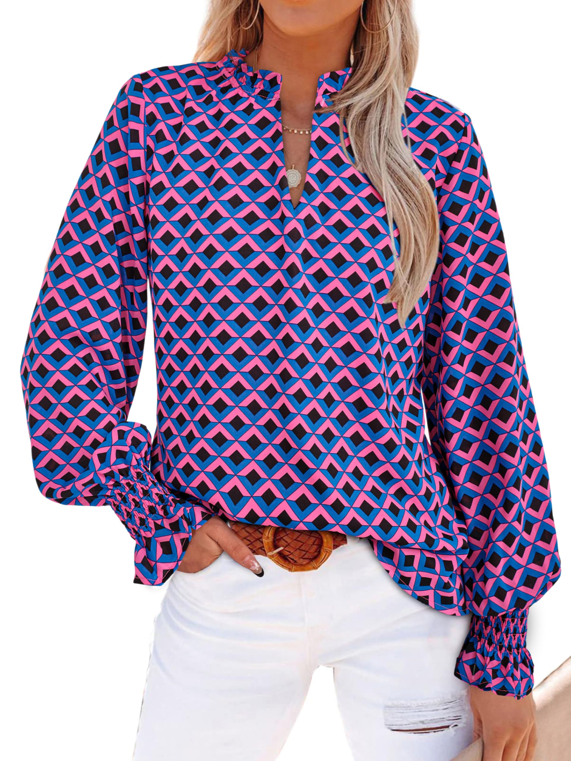 FreshPretty Womens V Neck Floral Long Sleeve Tops Summer Casual Loose Puff Sleeve Chiffon Boho Work Blouse Dressy T Shirts