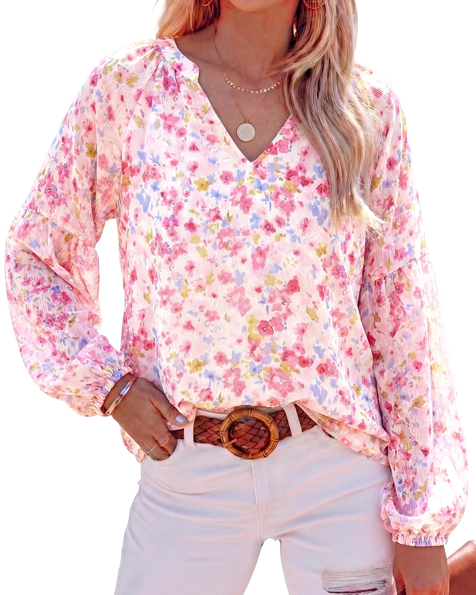 BTFBM Blouses for Women Dressy Casual Floral Summer Boho Tops V Neck Lightweight Long Sleeve Shirts Spring Clothes