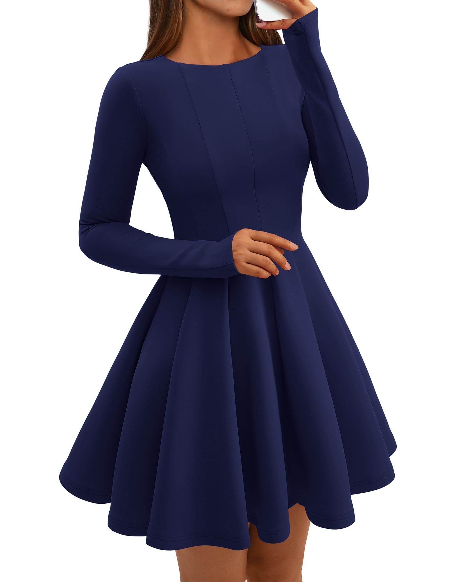 BTFBM Spring Dresses for Women Long Sleeve High Waist Pleated Flowy A Line Party Wedding Guest Dress Business Casual