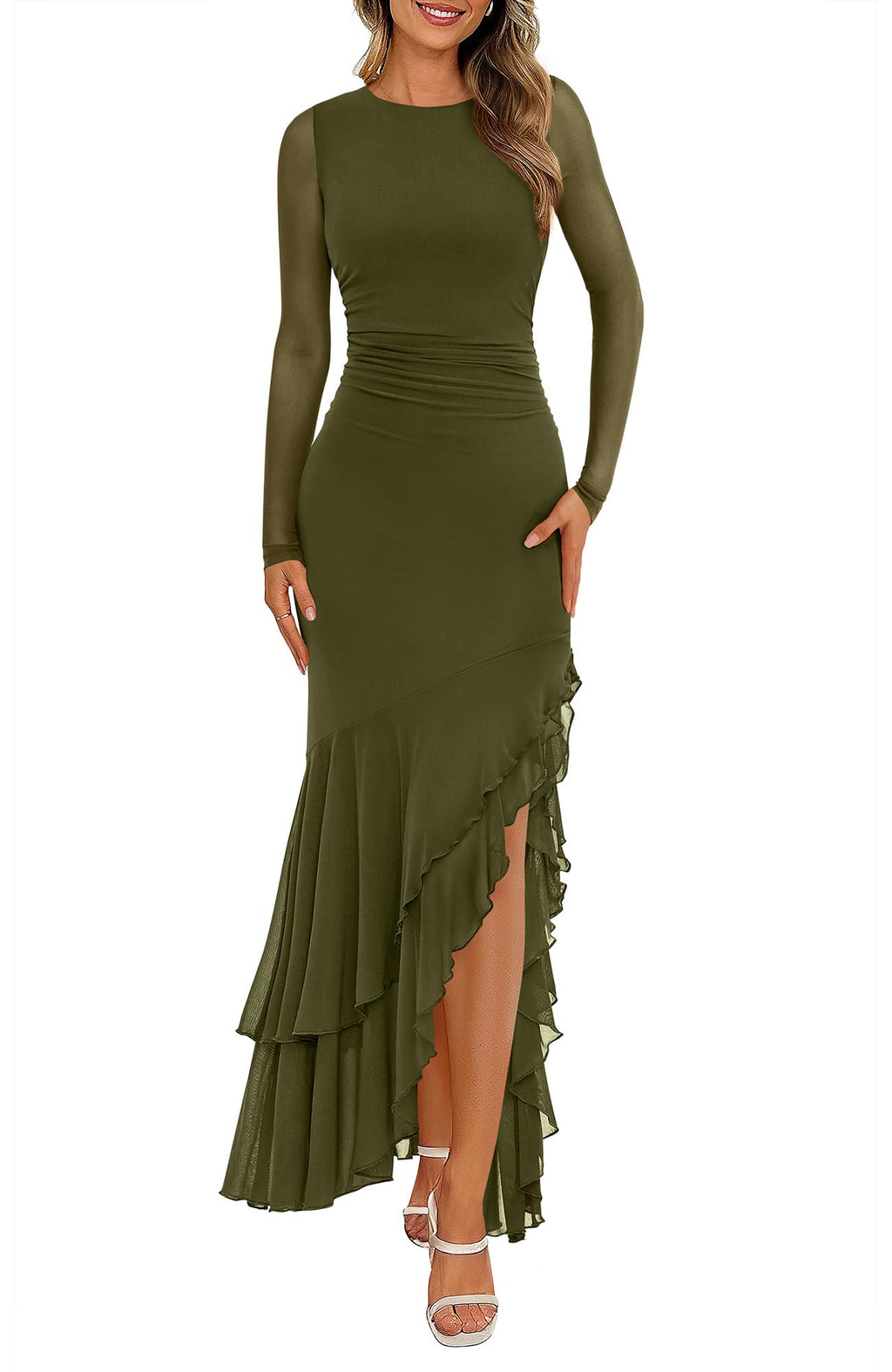 BTFBM Women's Maxi Dresses Fall Long Sleeve Wedding Guest Dress Mesh,Ruched,Bodycon,High Split,Solid Color,Ruffle, Mermaid,Cocktail Dresses,Prom,Party,Homecoming Dress,Fall Outfits