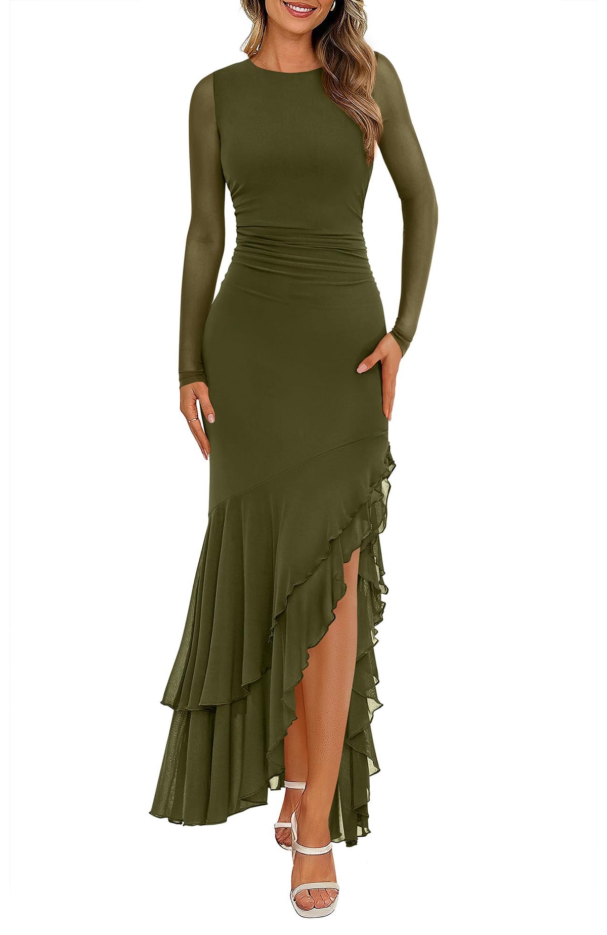 BTFBM Women's Maxi Dresses Fall Long Sleeve Wedding Guest Dress Mesh,Ruched,Bodycon,High Split,Solid Color,Ruffle, Mermaid,Cocktail Dresses,Prom,Party,Homecoming Dress,Fall Outfits