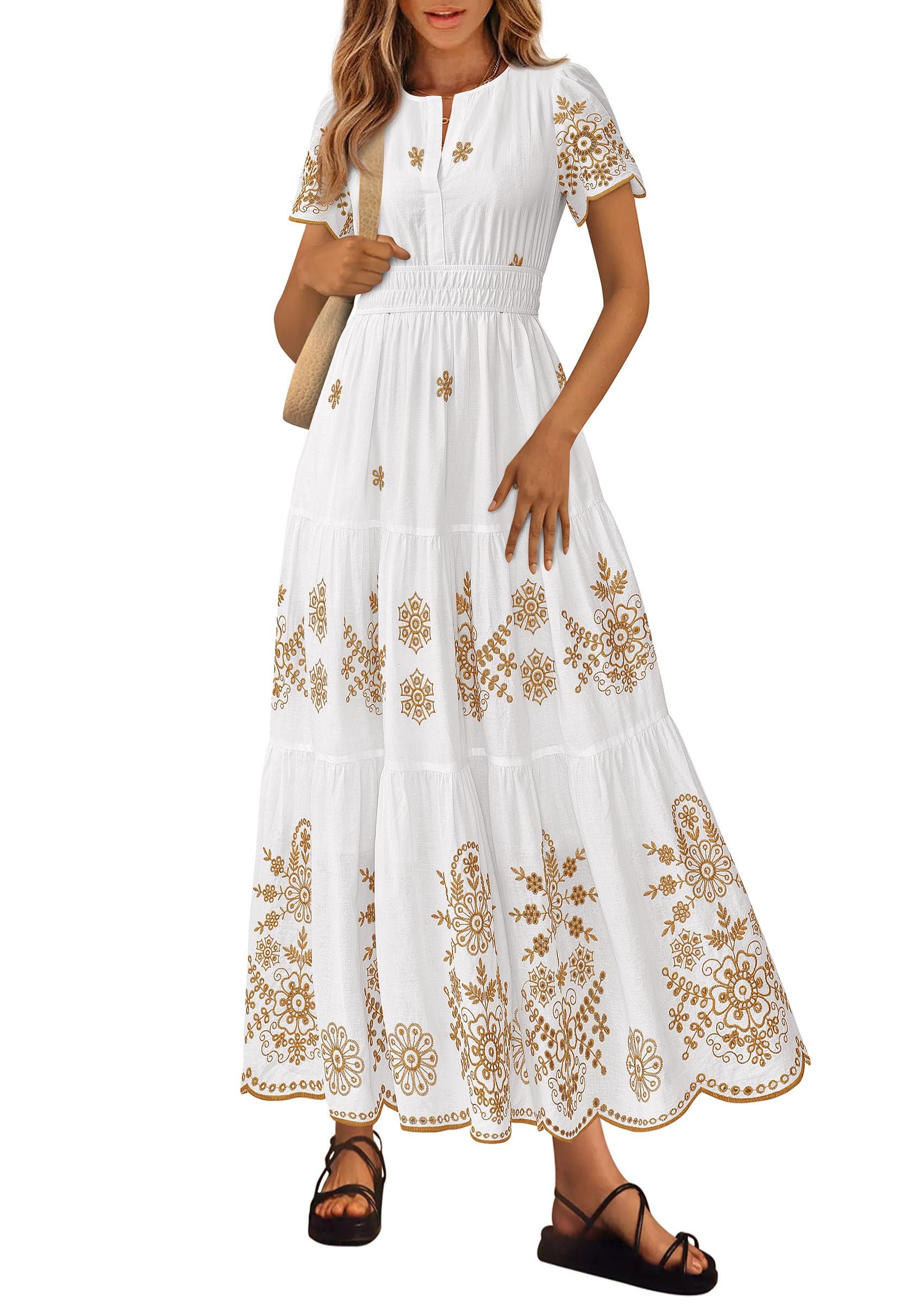 PRETTYGARDEN Boho Dresses for Women Summer Spring Casual Floral Short Sleeve V Neck Maxi Elastic Waist Dress Pockets