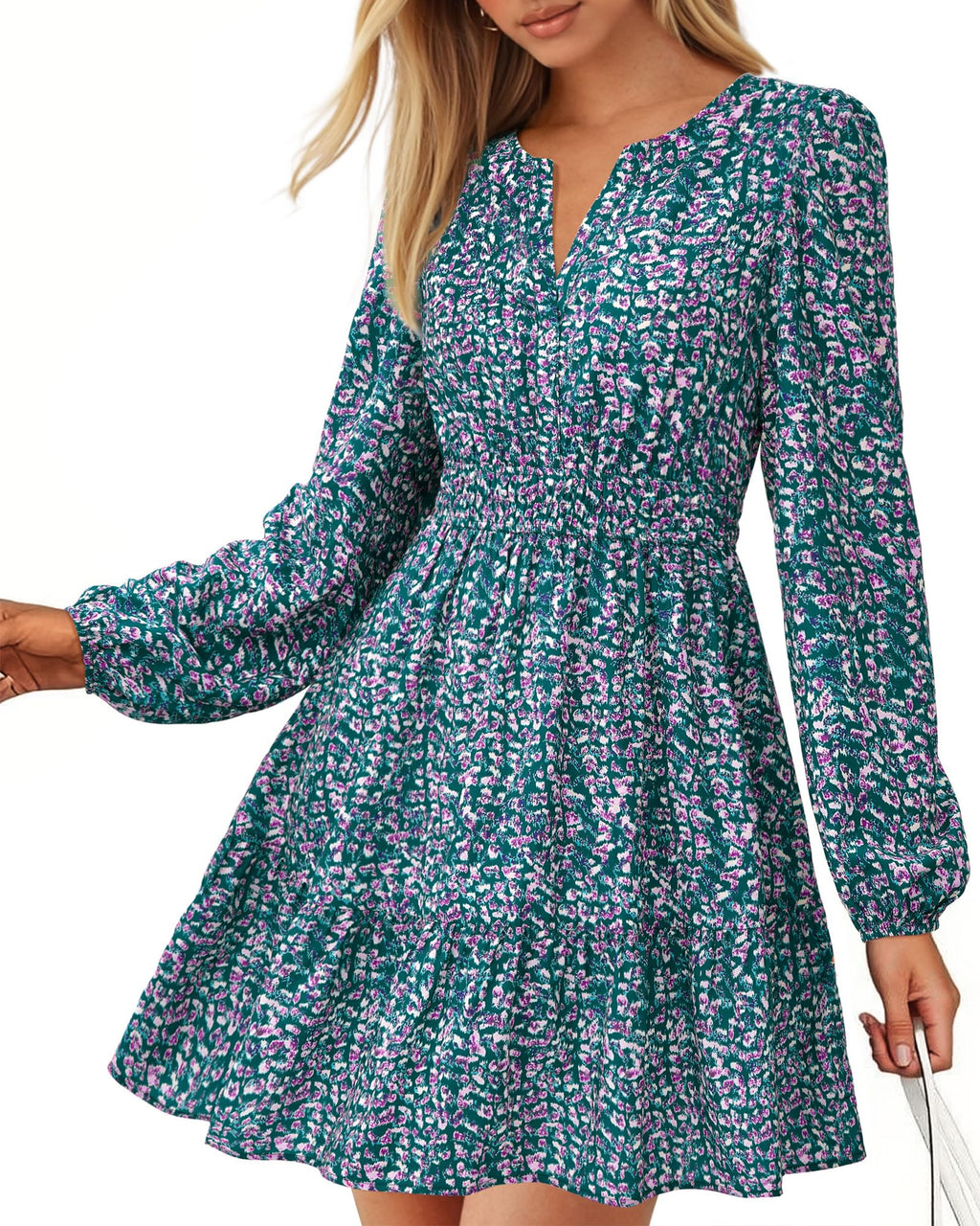 BTFBM Spring Dresses for Women Mini Long Sleeve Elastic Waist Summer Vacation Outfits Floral Wedding Guest Dress
