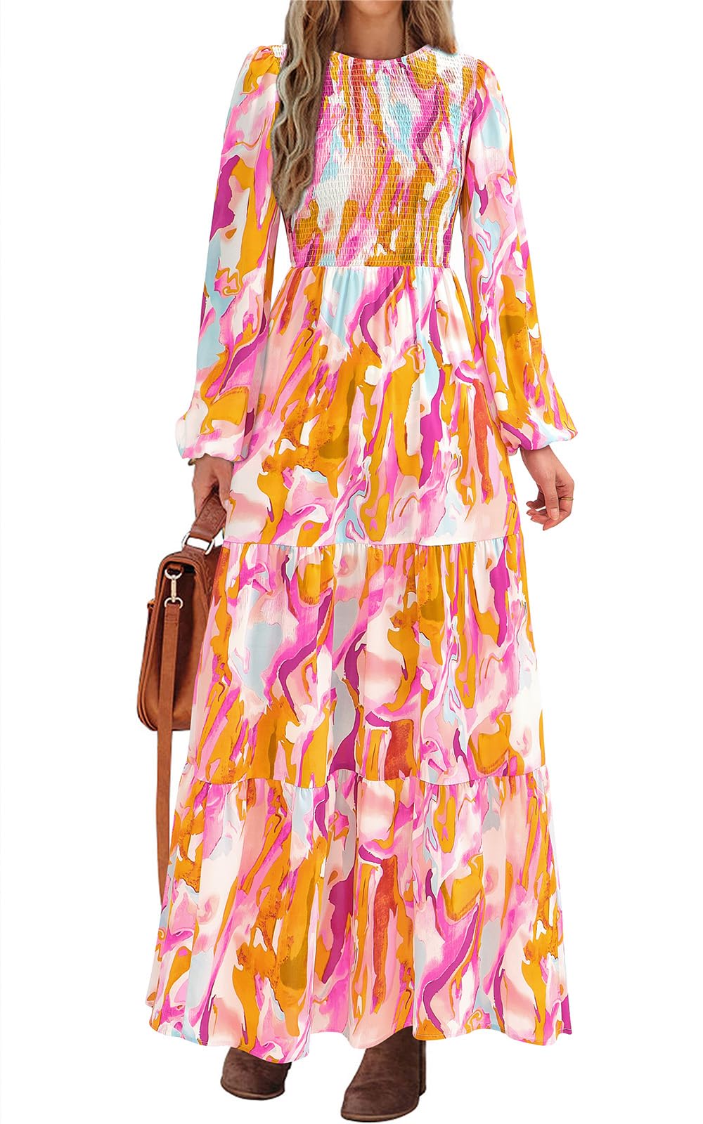 PRETTYGARDEN Women's Fall Dresses Long Sleeve Flowy Casual Floral Maxi Dress Crew Neck Smocked Tiered Long Dress