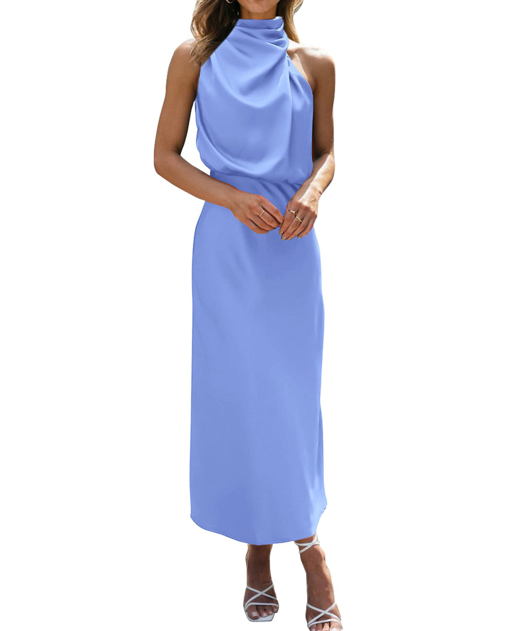 BTFBM Cocktail Dresses for Women Summer Satin Silk Sleeveless Mock Neck Maxi Wedding Guest Dress Spring Outfits
