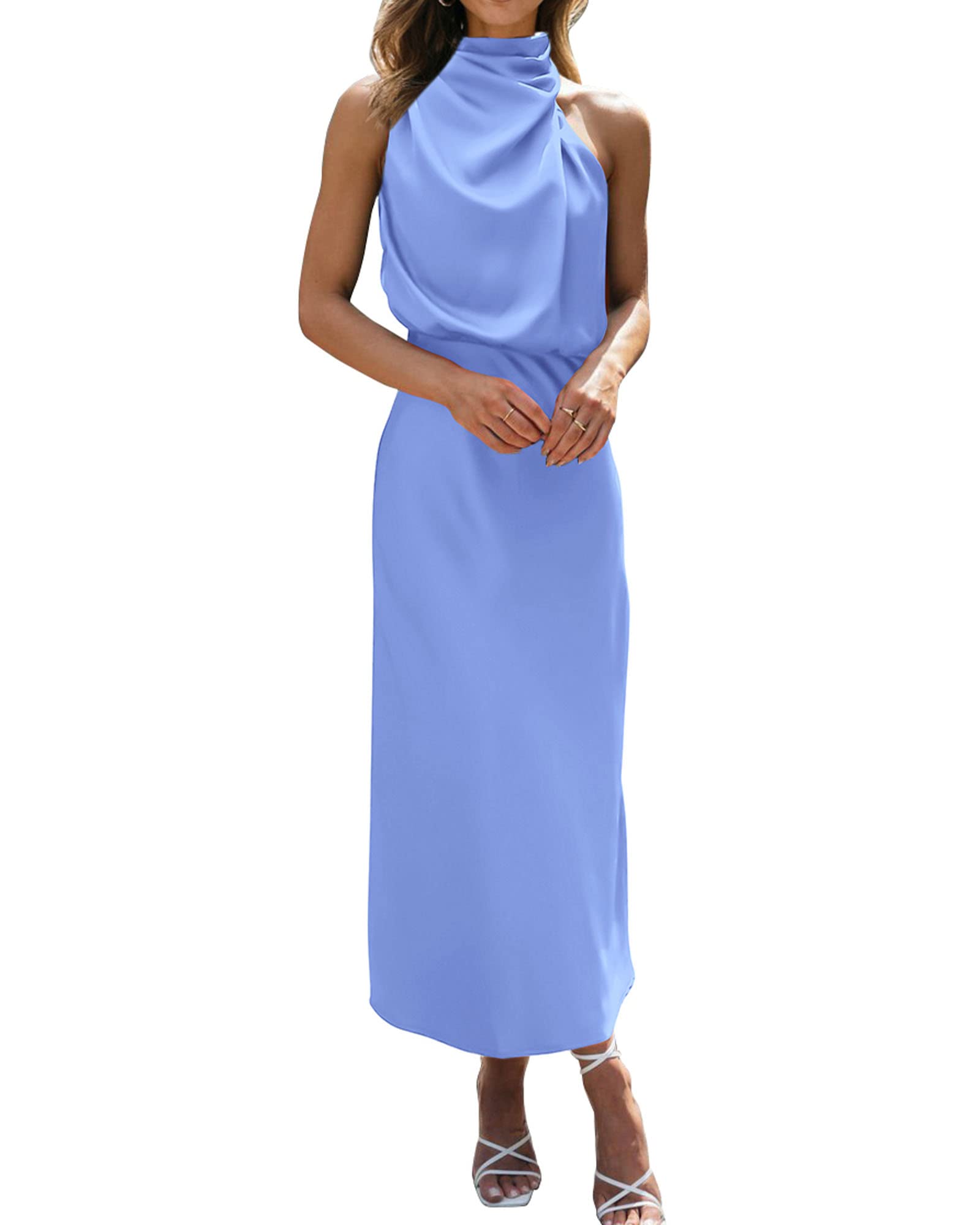 BTFBM Cocktail Dresses for Women Summer Satin Silk Sleeveless Mock Neck Maxi Wedding Guest Dress Spring Outfits