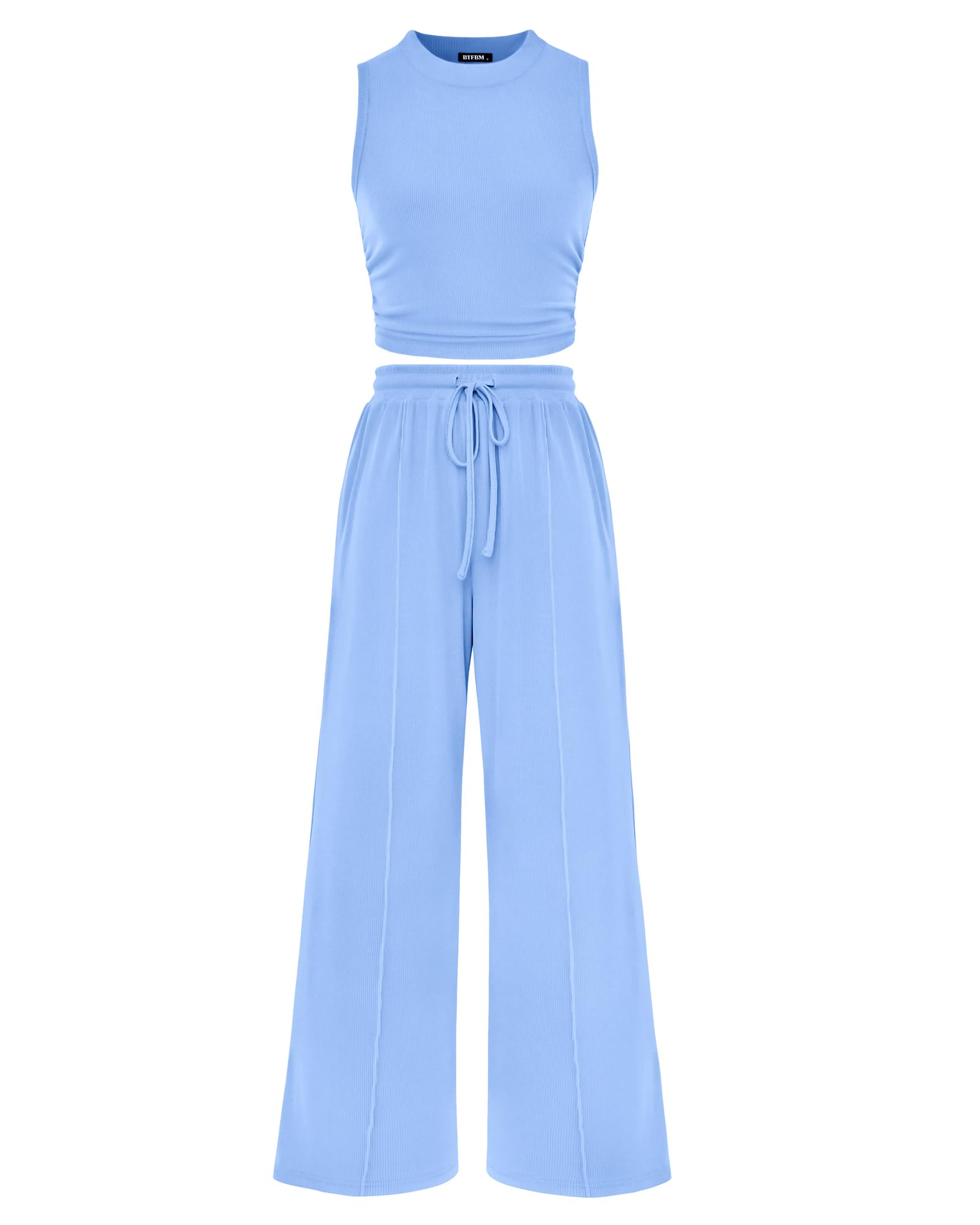 FreshPretty Women Summer 2 Piece Outfits Beach Crew Neck Sleeveless Cropped Top Elastic Waist Wide Leg Pants Lounge Set