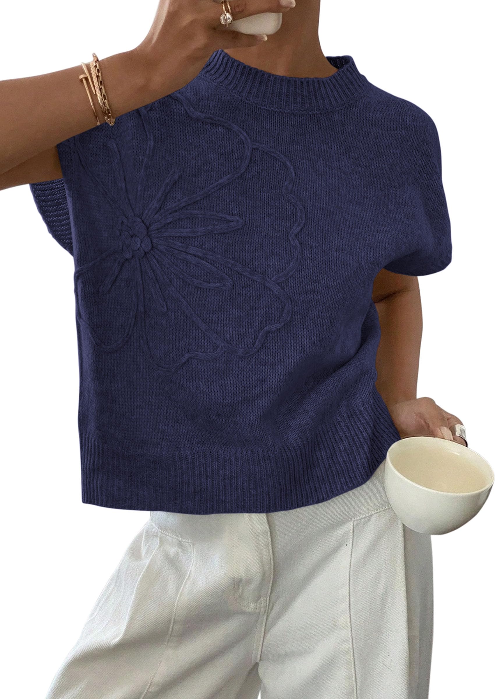 PRETTYGARDEN Women's Spring Sweater Vest Trendy Flower Knit Short Sleeve Cute Pullover Tank Tops Summer Fashion Clothing