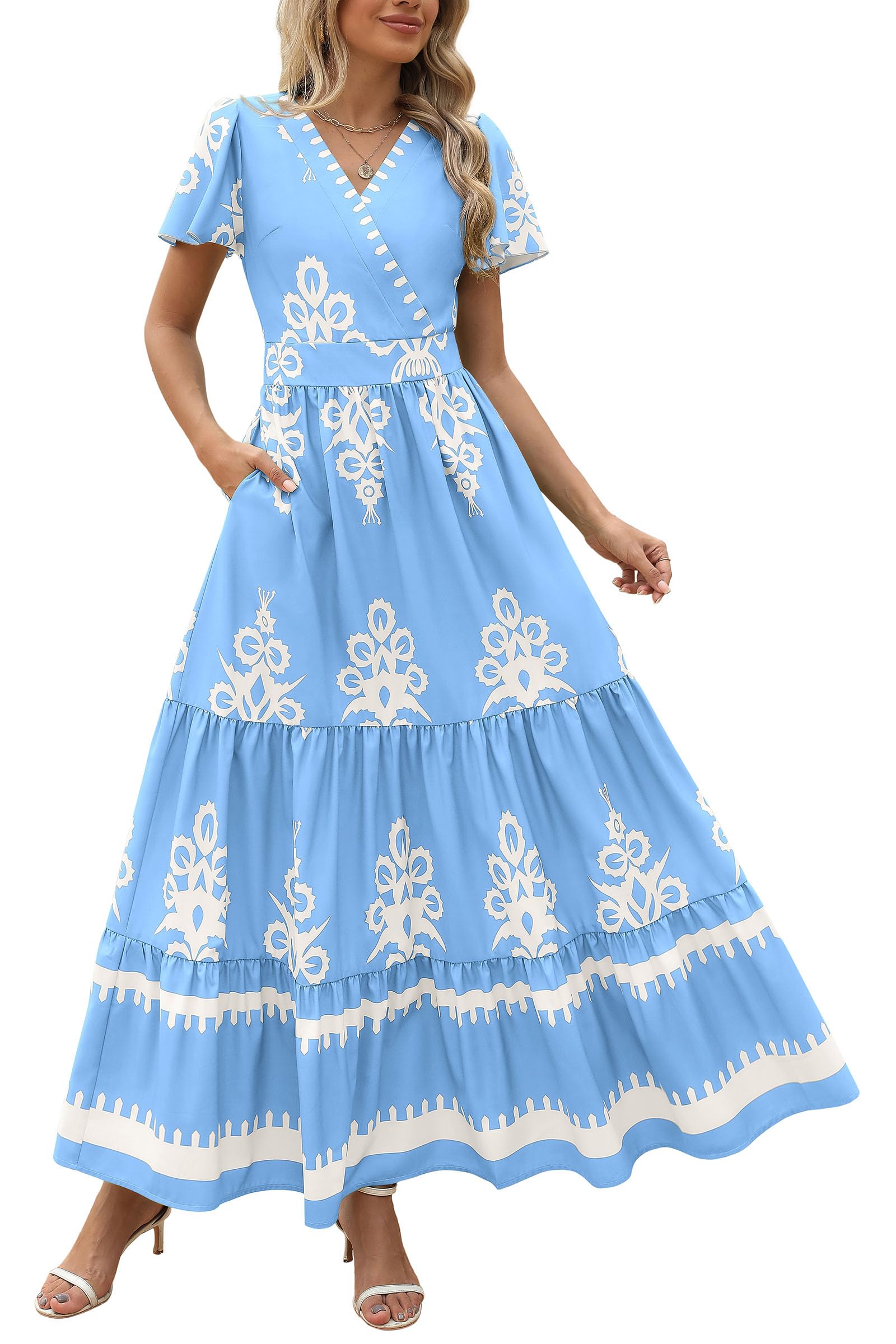 PRETTYGARDEN Womens Summer Casual V Neck Boho Maxi Dress Flowy Aline Bell Sleeve Tiered Floral Dresses with Pocket