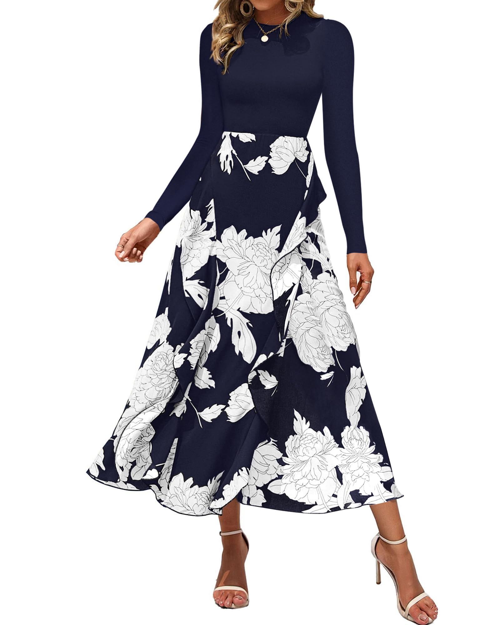 FreshPretty Womens Floral Maxi Dress Fall Casual Crewneck Long Sleeve Ruffle Flowy Cocktail Wedding Guest Dresses
