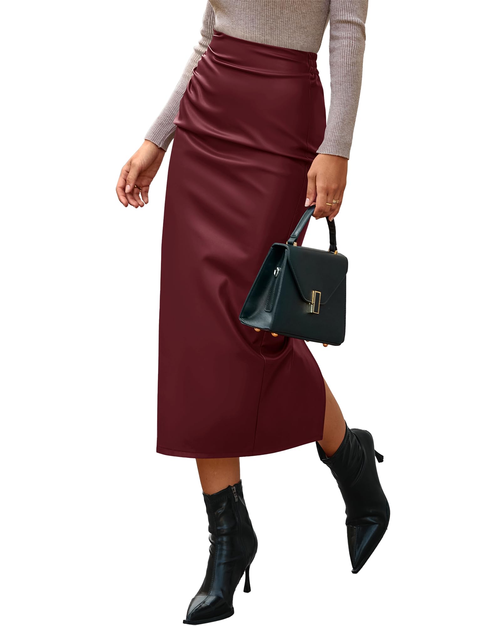 BTFBM Skirts for Women Trendy Spring Elastic Waist Ruched Bodycon Slit Pencil Midi Leather Skirt Bussiness Casual