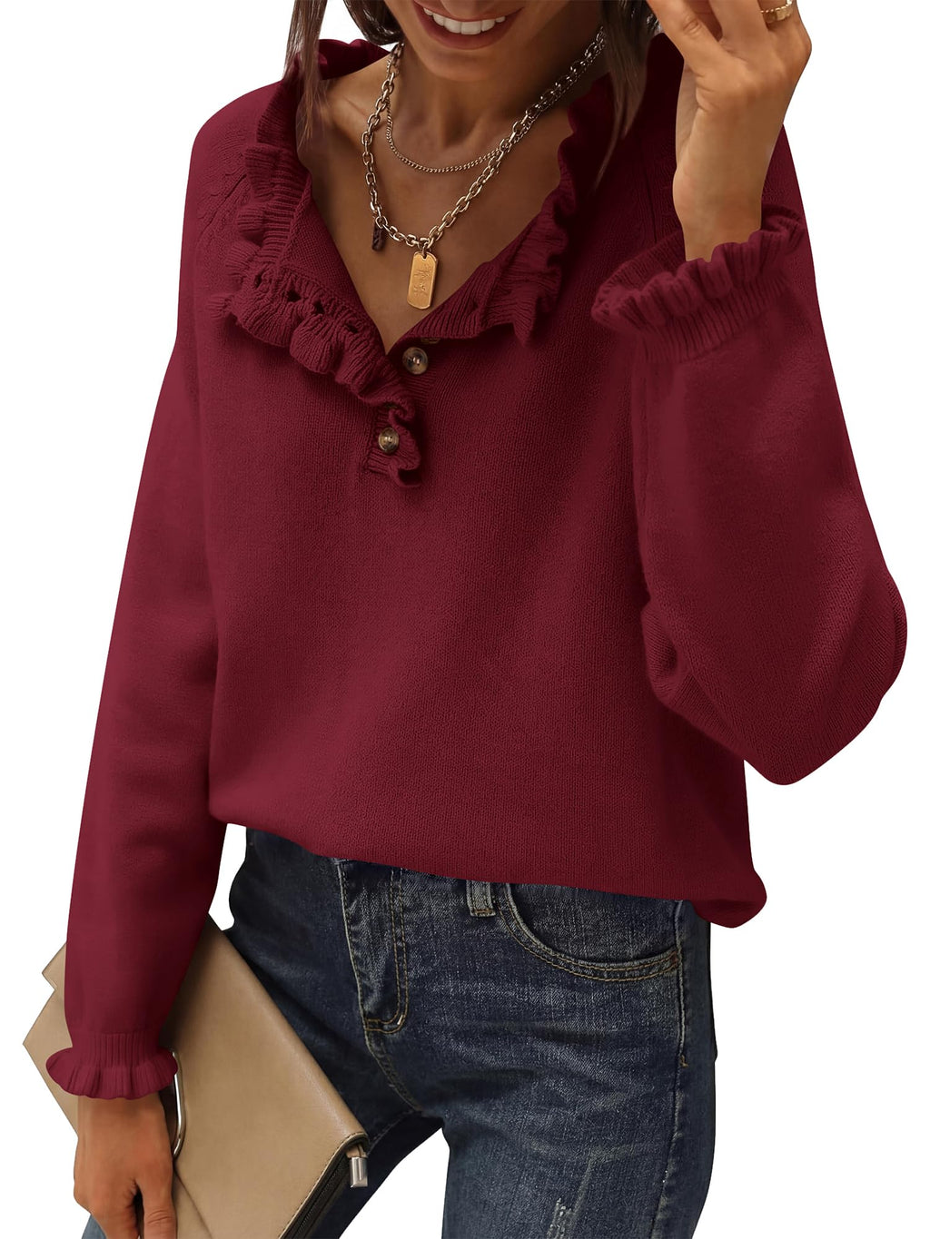 BTFBM Womens Sweaters Fall Winter Clothes Long Sleeve Button Down Ruffle Crew Neck Casual Knitted Pullover Tops