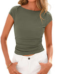 FreshPretty Womens Summer Tops Ribbed T Shirts Crew Neck Short Sleeve Stretchy Ruched Slim Fit Workout Going Out Top