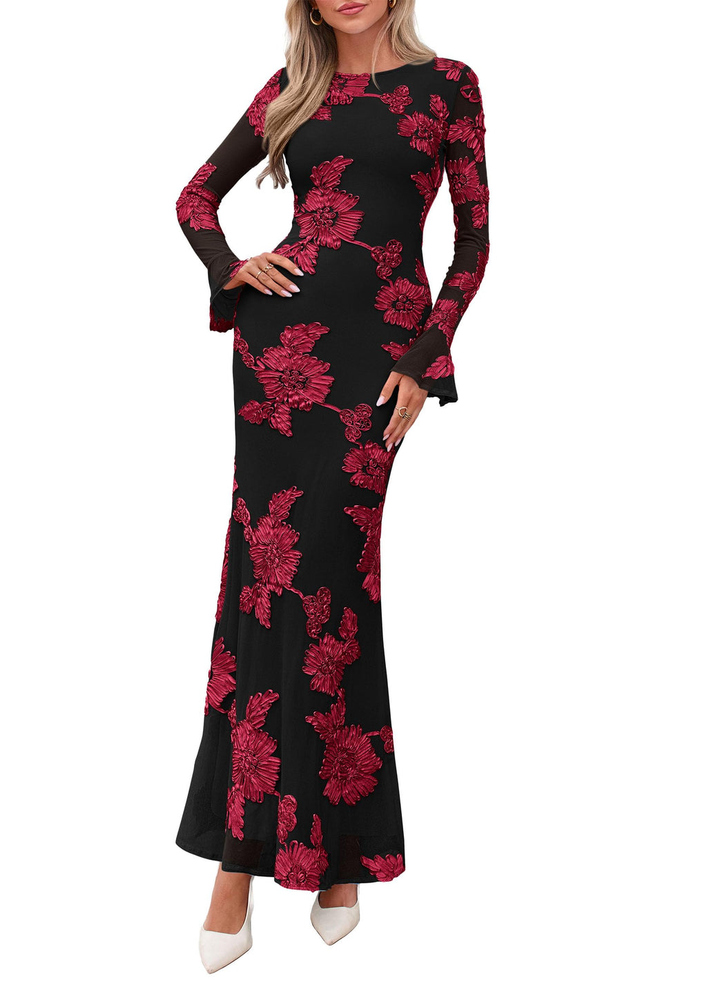PRETTYGARDEN Women's Formal Floral Maxi Bodycon Dresses Ruffle Long Sleeve, Fall Winter Outfits 2026 for Wedding Guest, Homecoming & Cocktail, Slimming Mesh Dress with Lining