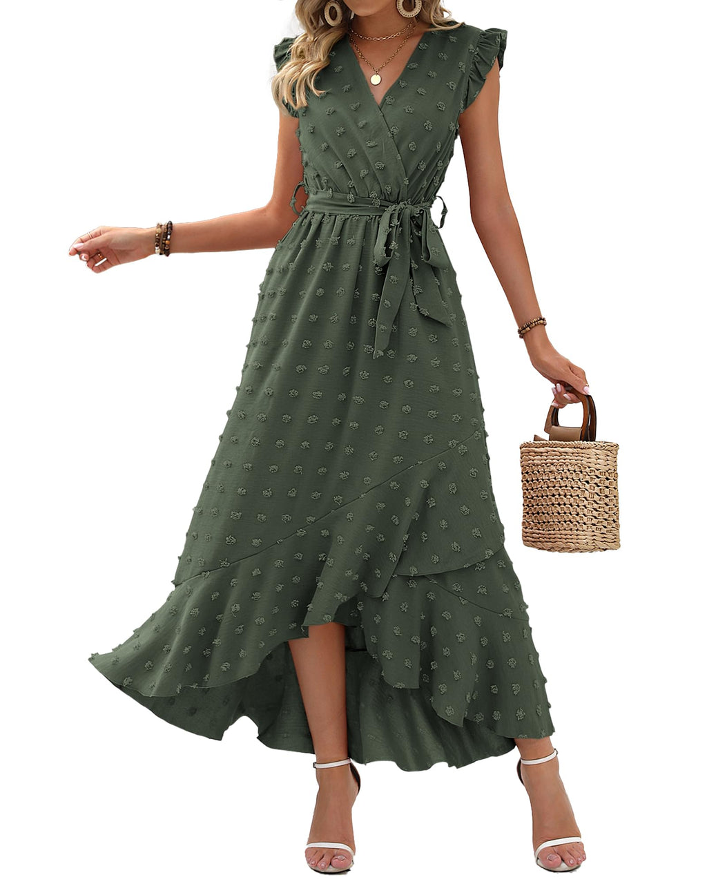 BTFBM Boho Dresses for Women Spring Fashion Cap Sleeve Swiss Dot Flowy Ruffle Beach Wedding Cocktail Maxi Dress