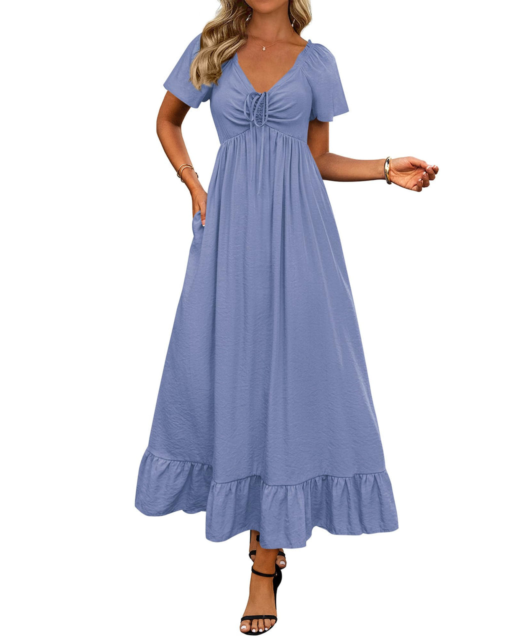BTFBM Womens Spring Dresses Casual Short Sleeve V Neck Drawstring Wedding Guest Maxi Dresses Boho Beach Long Dress