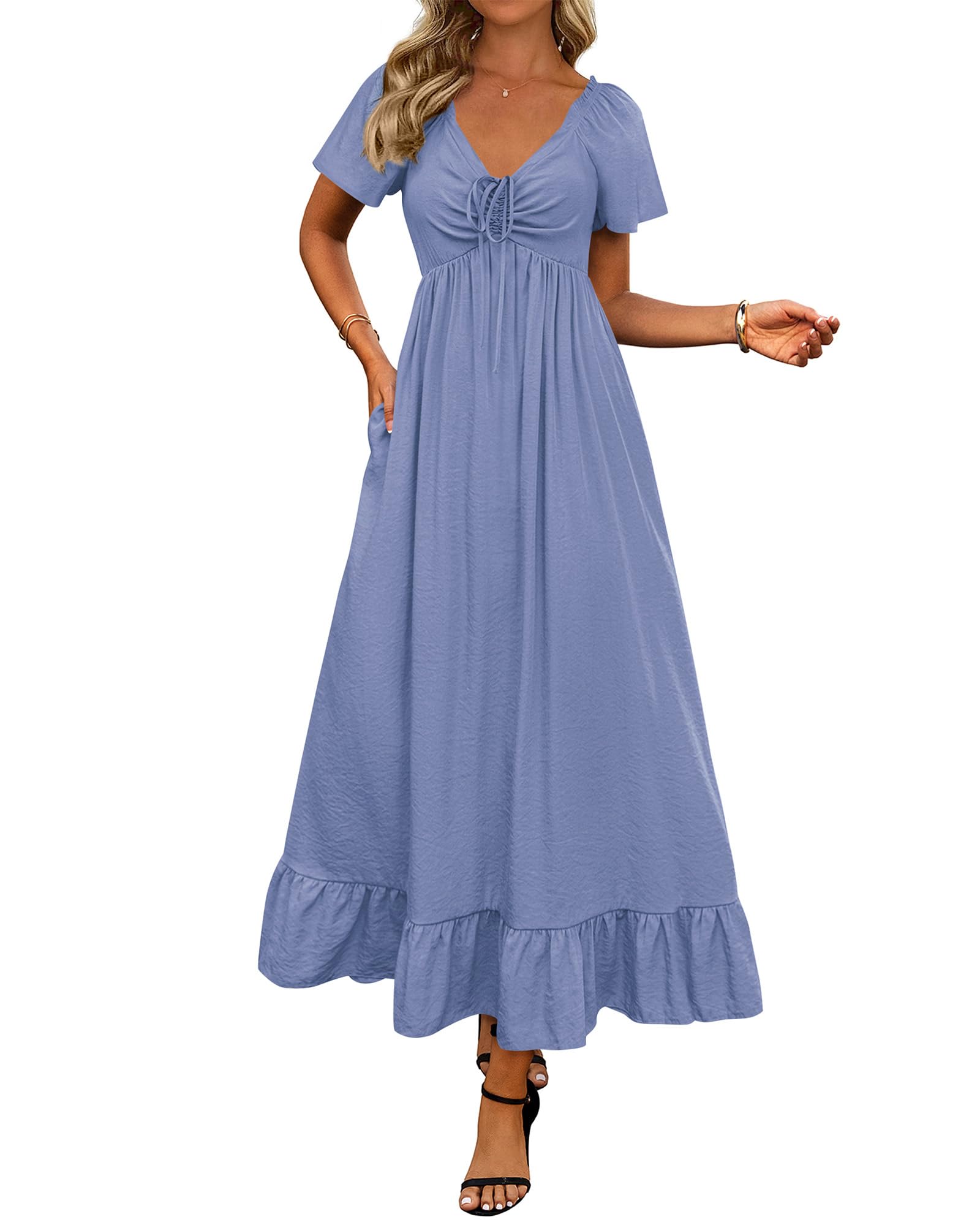 BTFBM Womens Spring Dresses Casual Short Sleeve V Neck Drawstring Wedding Guest Maxi Dresses Boho Beach Long Dress