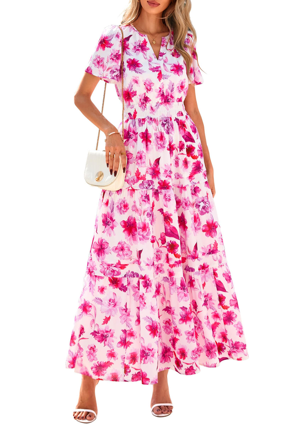 PRETTYGARDEN Summer Maxi Dresses for Women  Casual V Neck Puff Short Sleeve Smocked Flowy Beach Boho Long Floral Dress