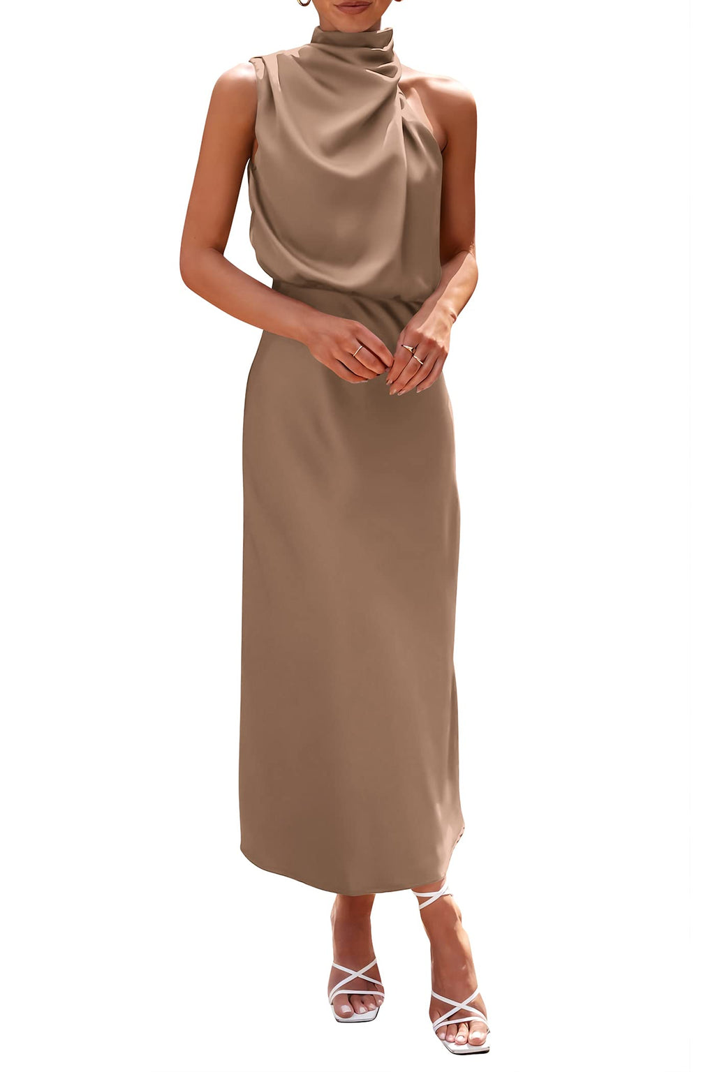 PRETTYGARDEN Women's Summer Satin Dress Elegant Sleeveless Mock Neck Cocktail Party Maxi Dresses