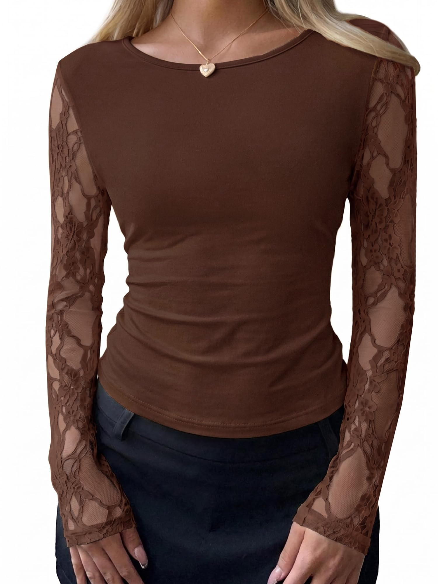 BTFBM Fall Tops for Women Sheer Lace Long Sleeve Top Slim Fit Blouses Crew Neck, Lightweight Basic Tees, See Through Layering Top, Sexy Fashion Clothing, Party Club Date Night Going Out Outfits