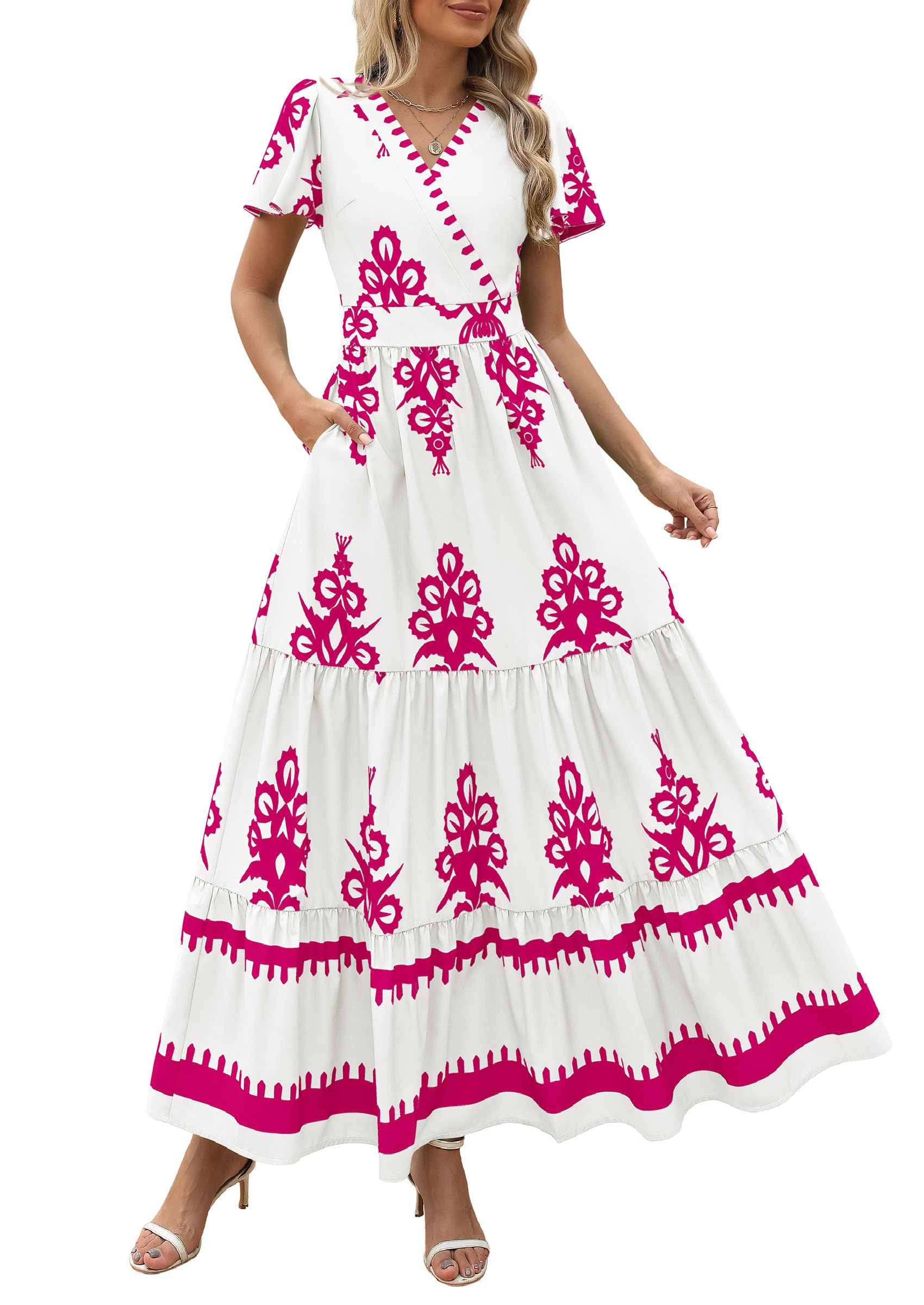 PRETTYGARDEN Womens Summer Casual V Neck Boho Maxi Dress Flowy Aline Bell Sleeve Tiered Floral Dresses with Pocket