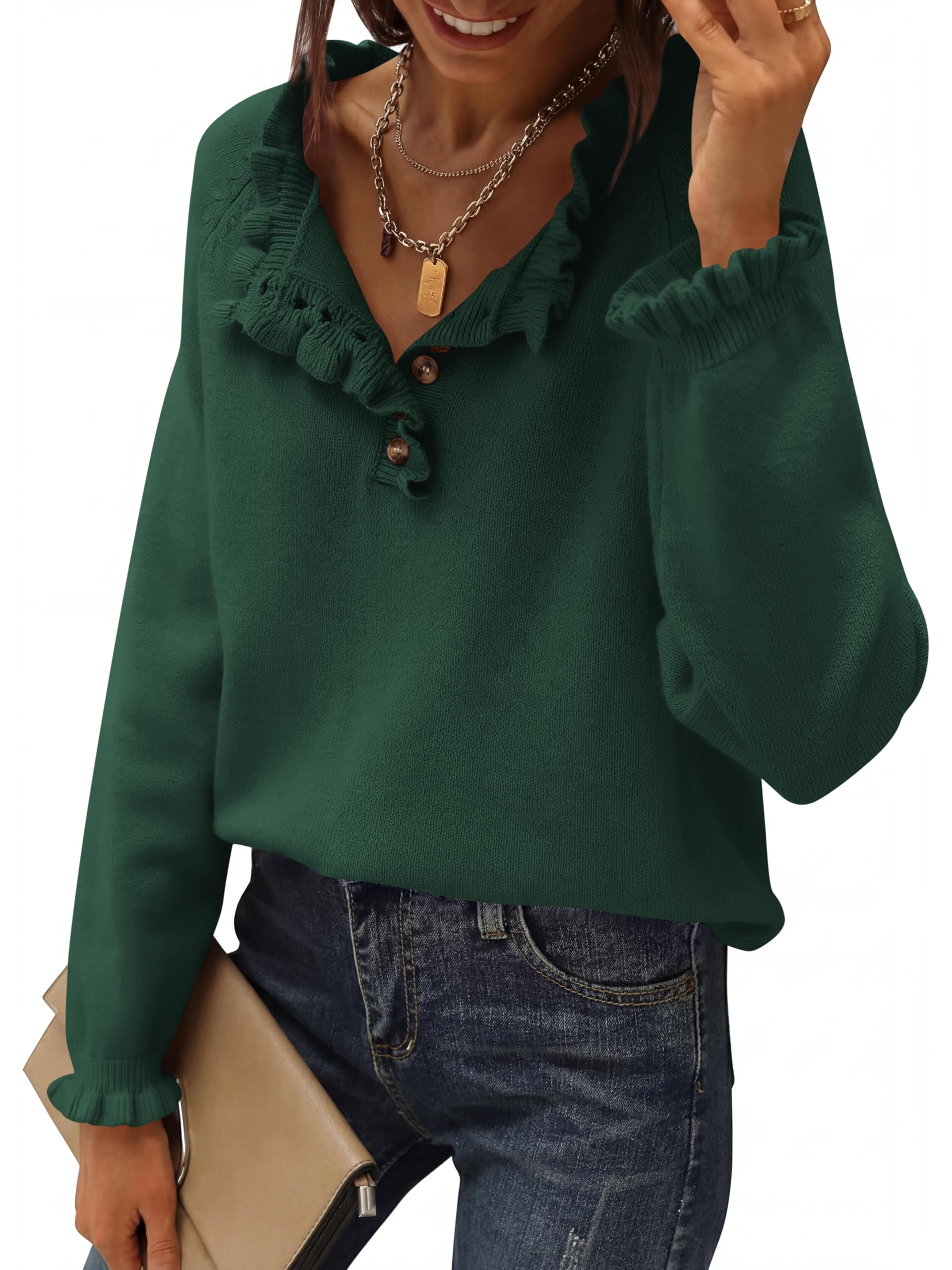 BTFBM Womens Sweaters Fall Winter Clothes Long Sleeve Button Down Ruffle Crew Neck Casual Knitted Pullover Tops