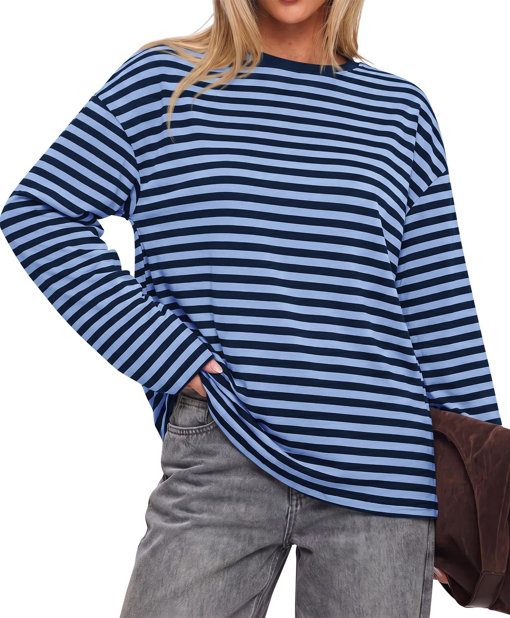 BTFBM Womens Long Sleeve Tops Fall Fashion | Lightweight, Crew Neck, Oversized Striped Shirt Women, Y2k Clothes, Vacation Travel Outfits, Going Out Top, Winter Layering