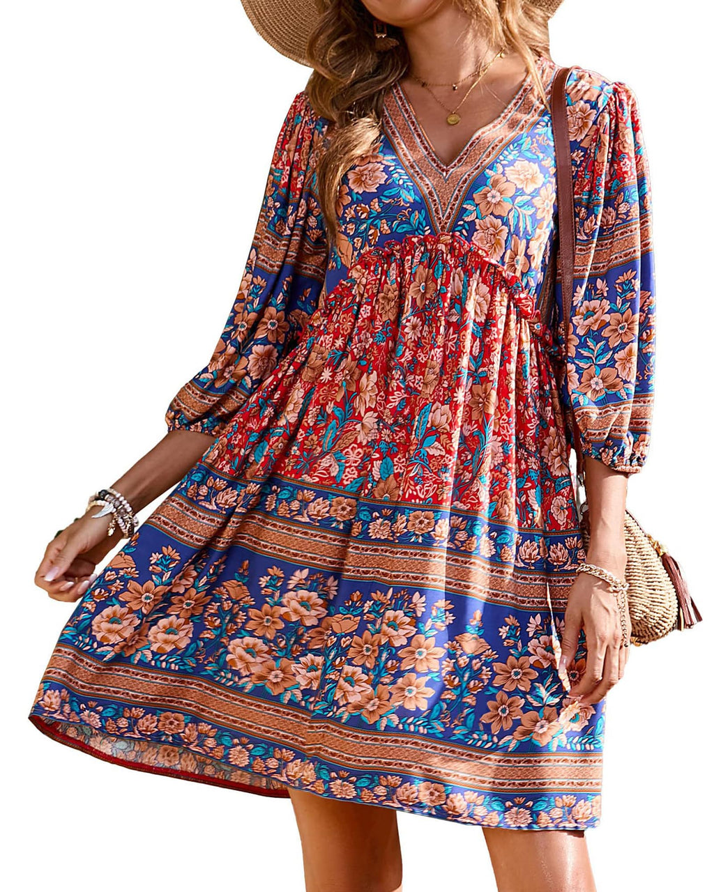 BTFBM Women Casual Spring Summer Dresses V Neck 3/4 Long Sleeve Ruffle Floral Flowy Boho Babydoll Mini Short Beach Dress