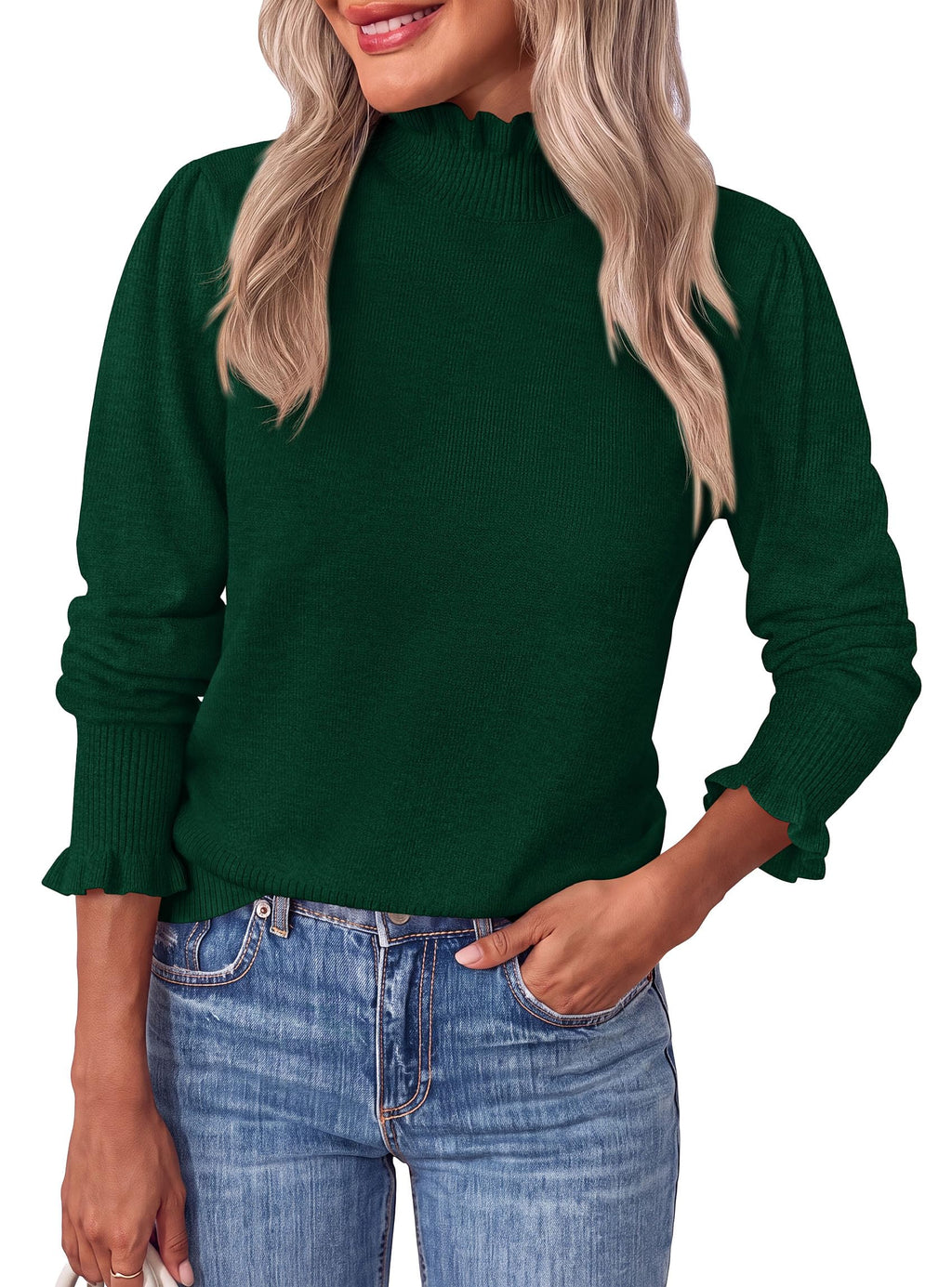 PRETTYGARDEN Women's Fall Cozy Sweaters Trendy Ruffle Mock Neck Pullover Soft Stretchy Warm, Ribbed Knit, Cute Tops, Puff Long Sleeve Blouses, Dressy Casual Shirts,Winter Clothing