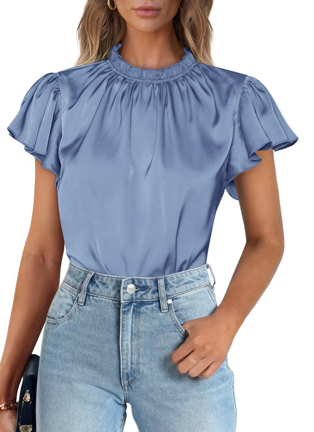 PRETTYGARDEN Business Casual Tops for Women Blouses Dressy  Summer Short Sleeve Ruffle Satin Work Office Attire