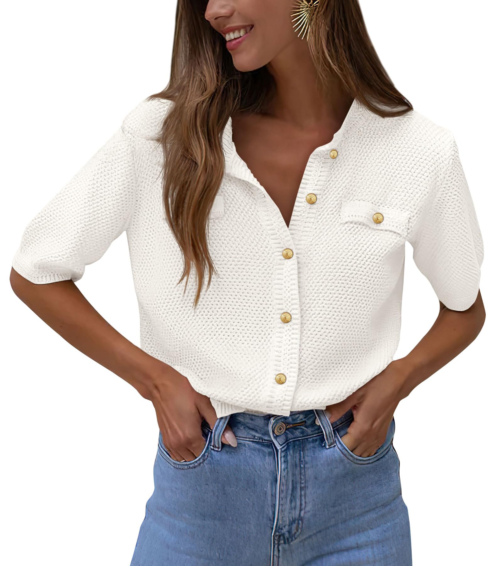 PRETTYGARDEN Women's Summer Button Down Shirts Casual Short Sleeve Crew Neck Ribbed Knit Blouse Top Cardigans