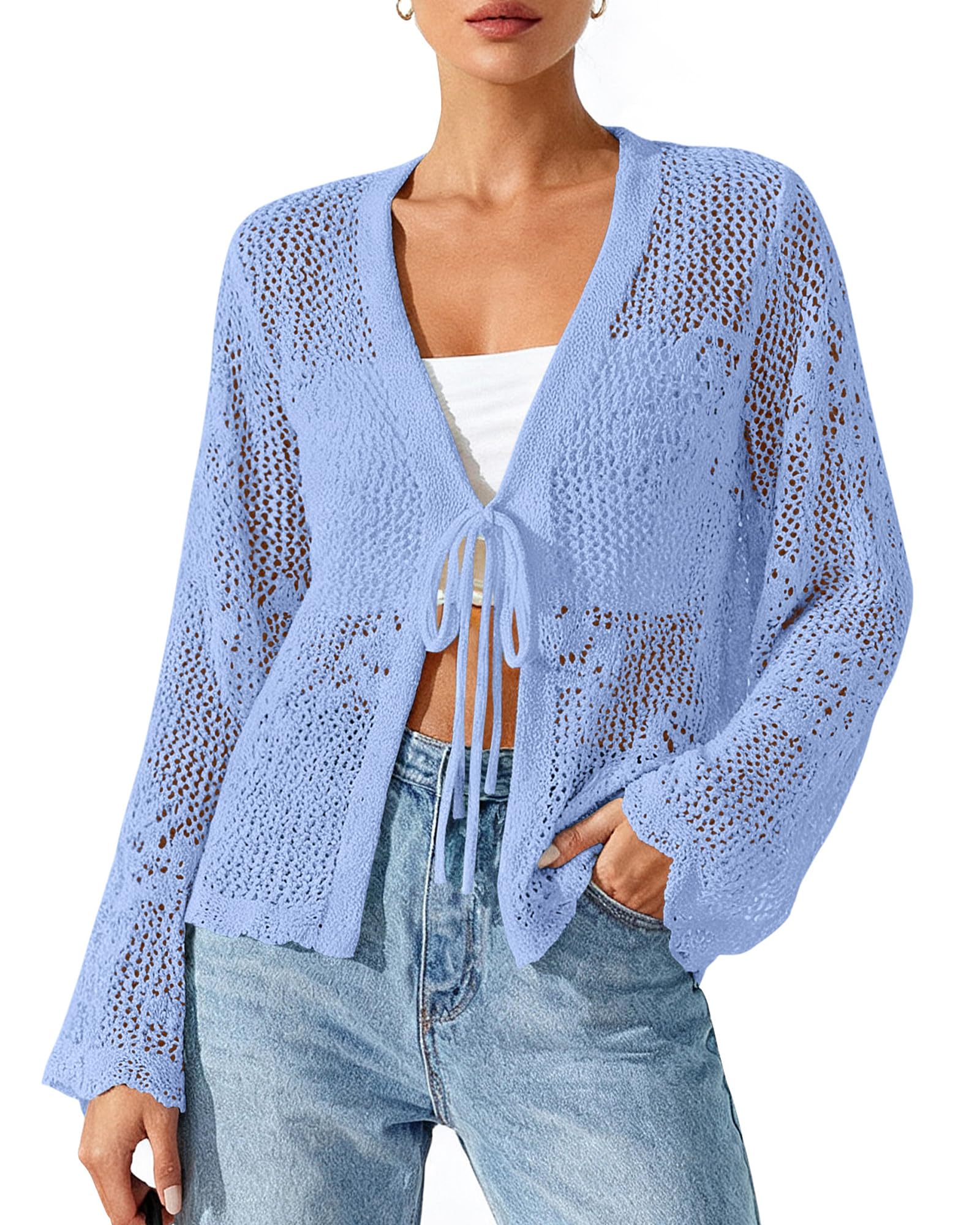 FreshPretty Summer Cardigans for Women Lightweight Spring Crochet Mesh Long Sleeve Tie Front Knit Beach Vacation Outfits