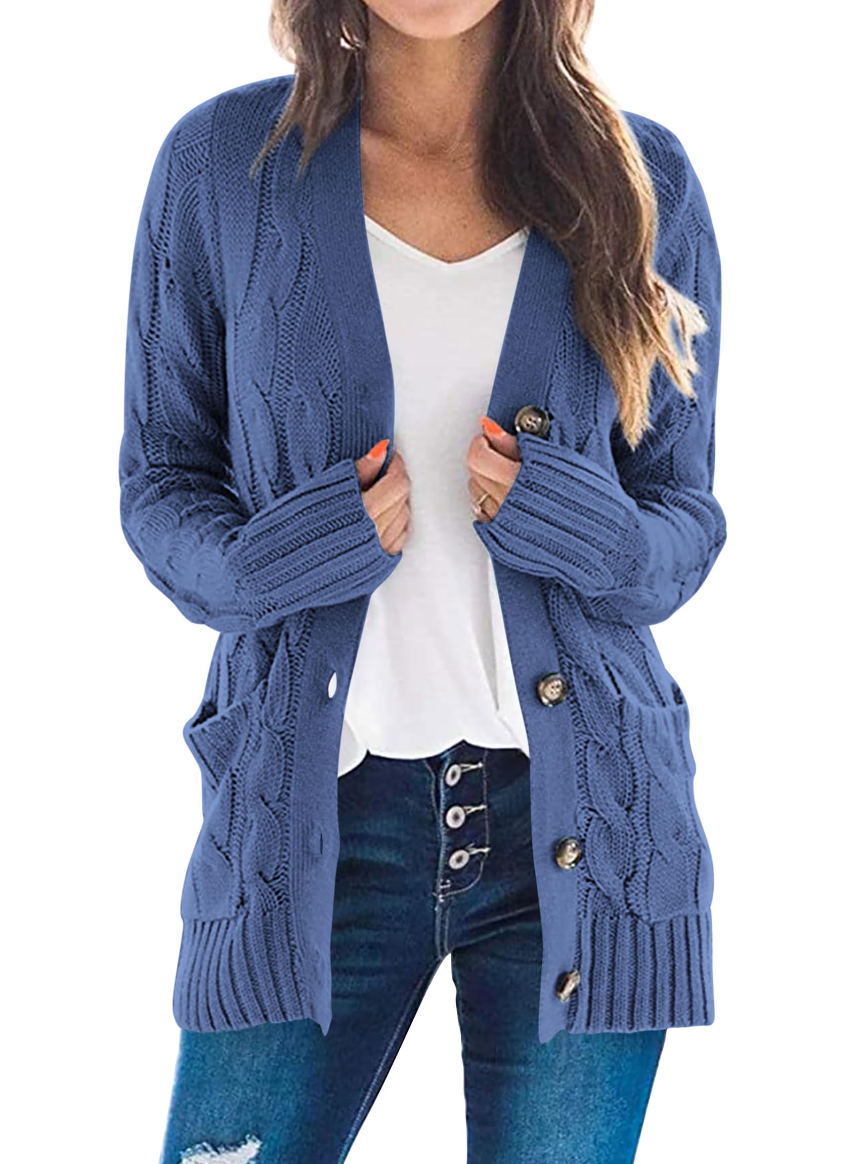 PRETTYGARDEN Women's Open Front Cardigan Sweaters Fall Fashion Button Down Cable Knit Chunky Winter Clothing Outerwear Coats