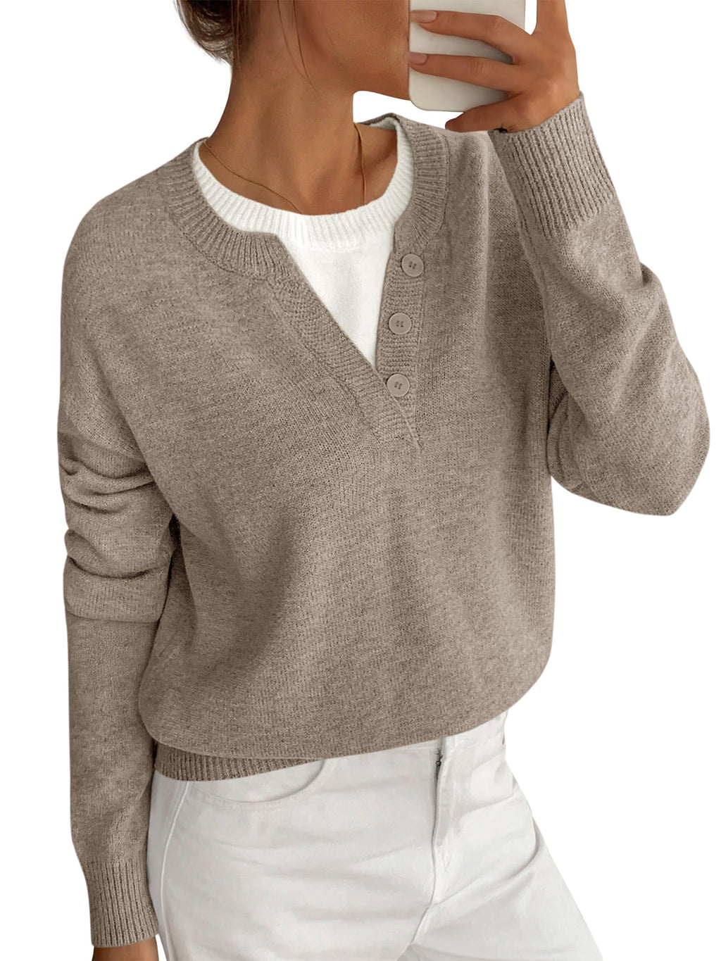 BTFBM Women Long Sleeve Crew Neck Sweaters Tops, 2 in1 Knitted Pullover, Deco Buttons, Oversized, Stretchy, Vacation, Business Casual Outfits, Fall Winter Trendy