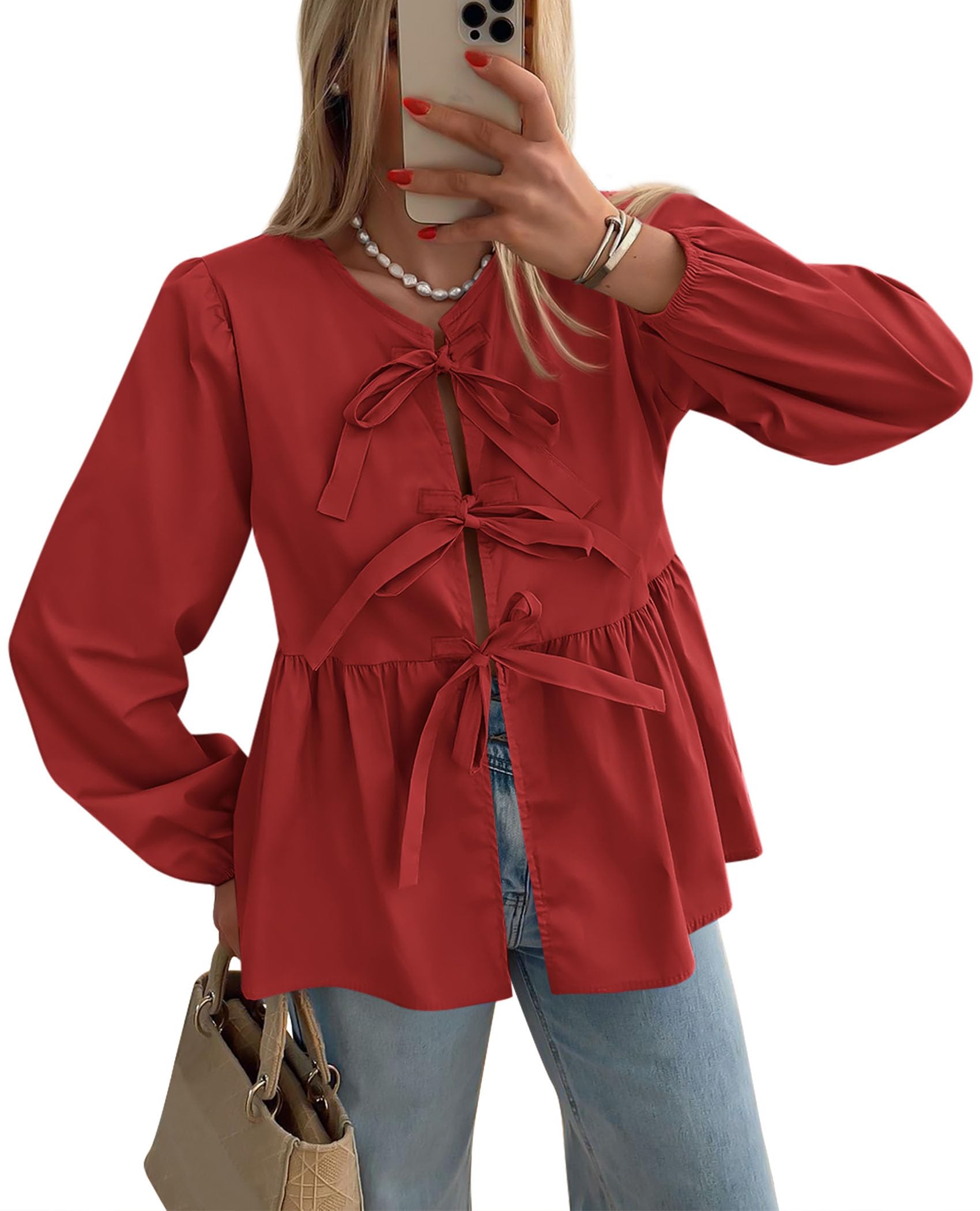 PRETTYGARDEN Women's Spring Fall Babydoll Peplum Blouse Shirt Puff Long Sleeve Bow Tie Front Trendy Cute Y2K Going Out Tops