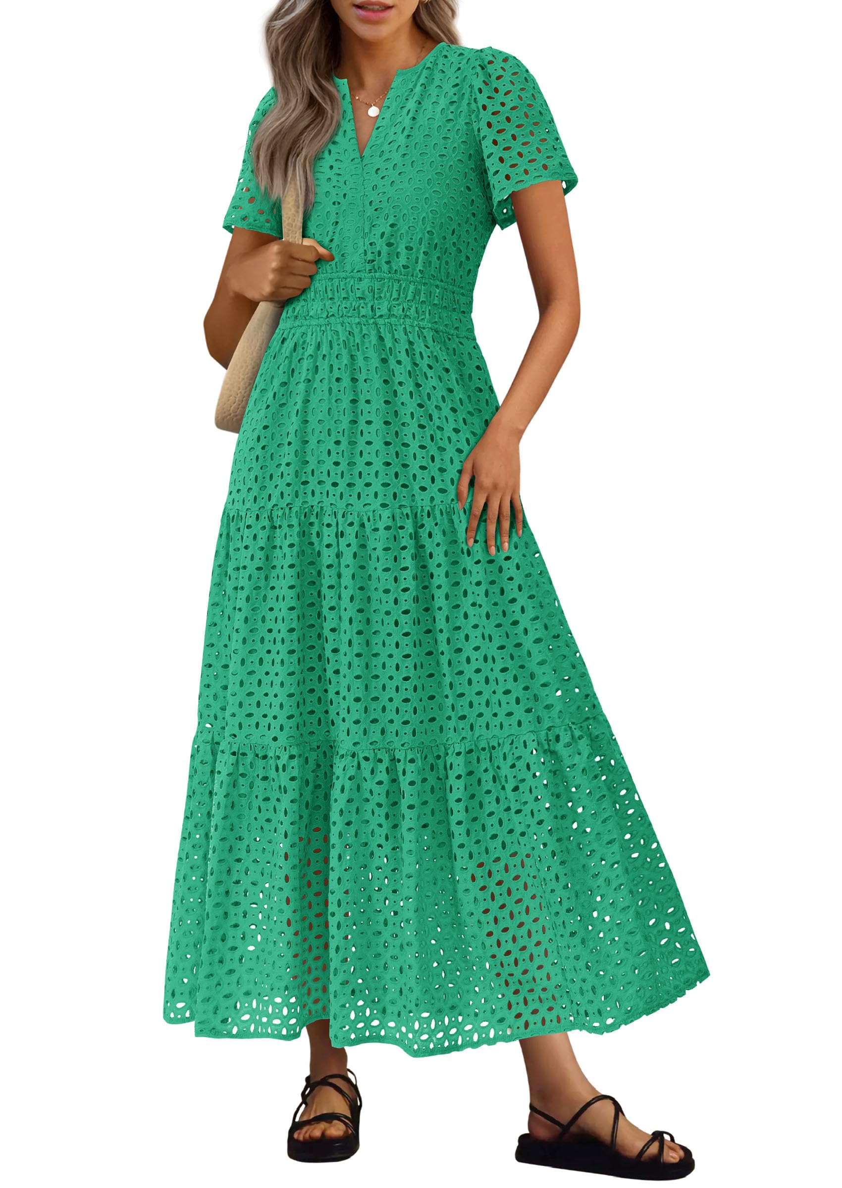 PRETTYGARDEN Womens Summer Maxi Dress Short Sleeve V Neck Hollow Out Eyelet A Line Long Flowy Beach Vacation Dresses