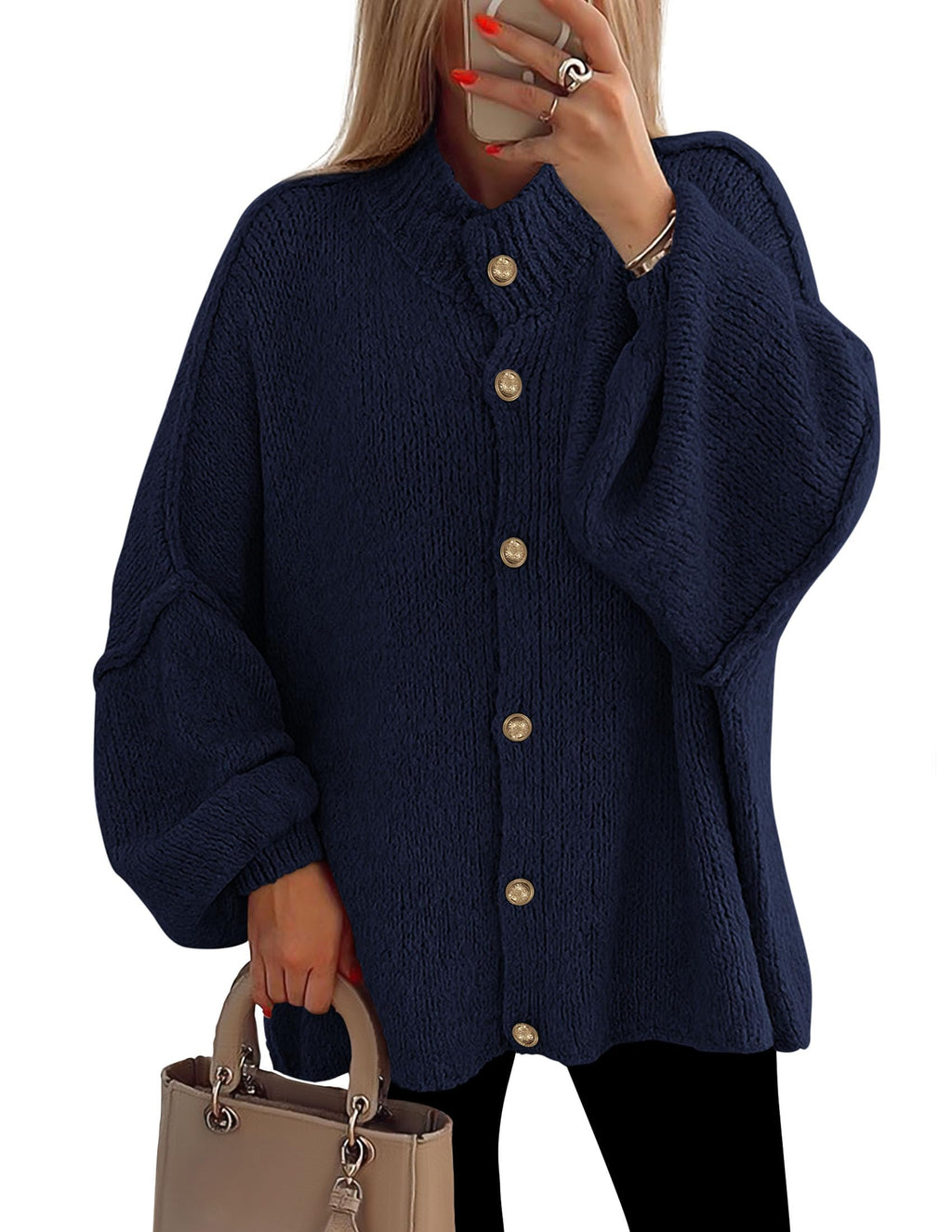 PRETTYGARDEN Women's Winter Button Down Cardigan Sweaters Mock Neck Lantern Long Sleeve Chunky Knit Jacket Trendy Outerwear