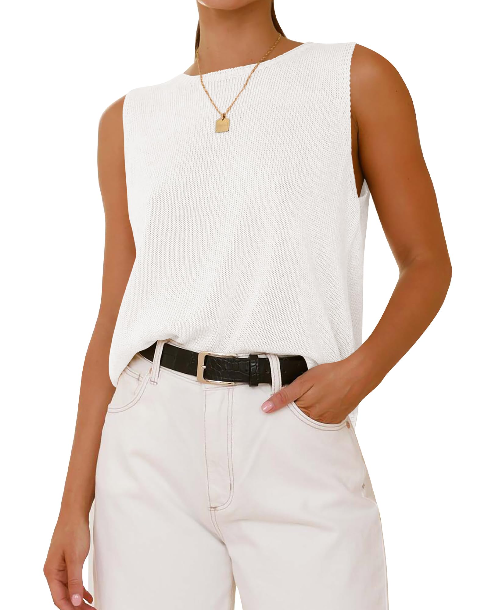 FreshPretty Women's Sleeveless Sweater Vest Summer Crew Neck Ribbed Knit Lightweight Pullover Casual Loose Fit Tank Tops