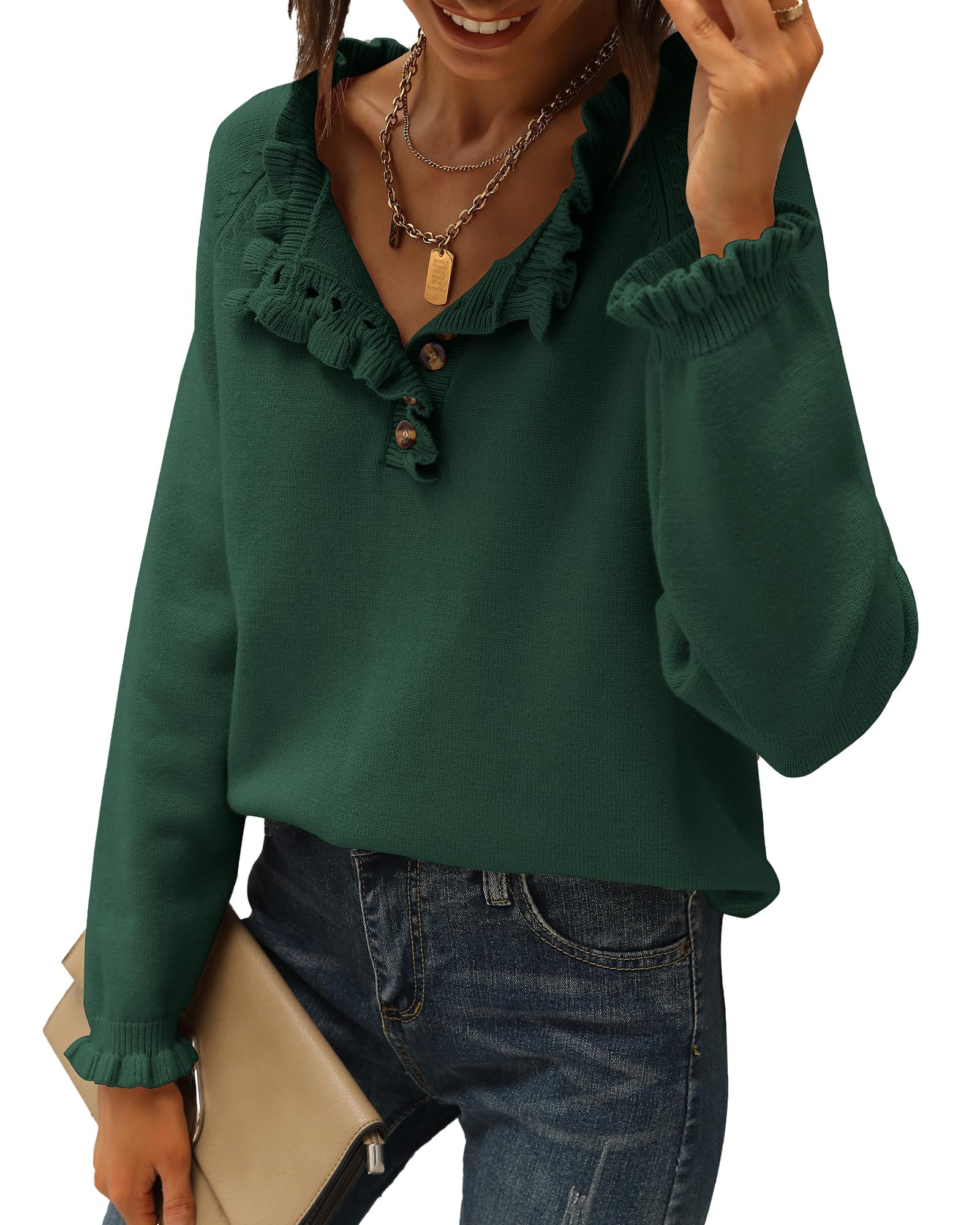 FreshPretty Womens Sweaters Fall Winter Clothes Long Sleeve Button Down Ruffle Crew Neck Casual Knitted Pullover Tops