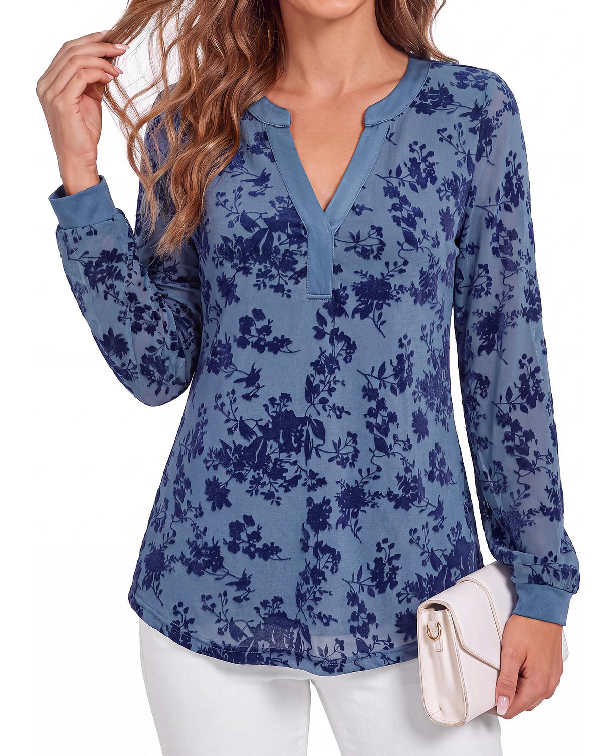 BTFBM Womens Tops Floral Sheer Mesh Long Sleeve Blouses Dressy Casual V Neck Flocked Mesh Shirts,Velvet-Like Flowers,Double Layered,Loose Fit Tunics,Business Casual Top,Fall Fashion Clothing