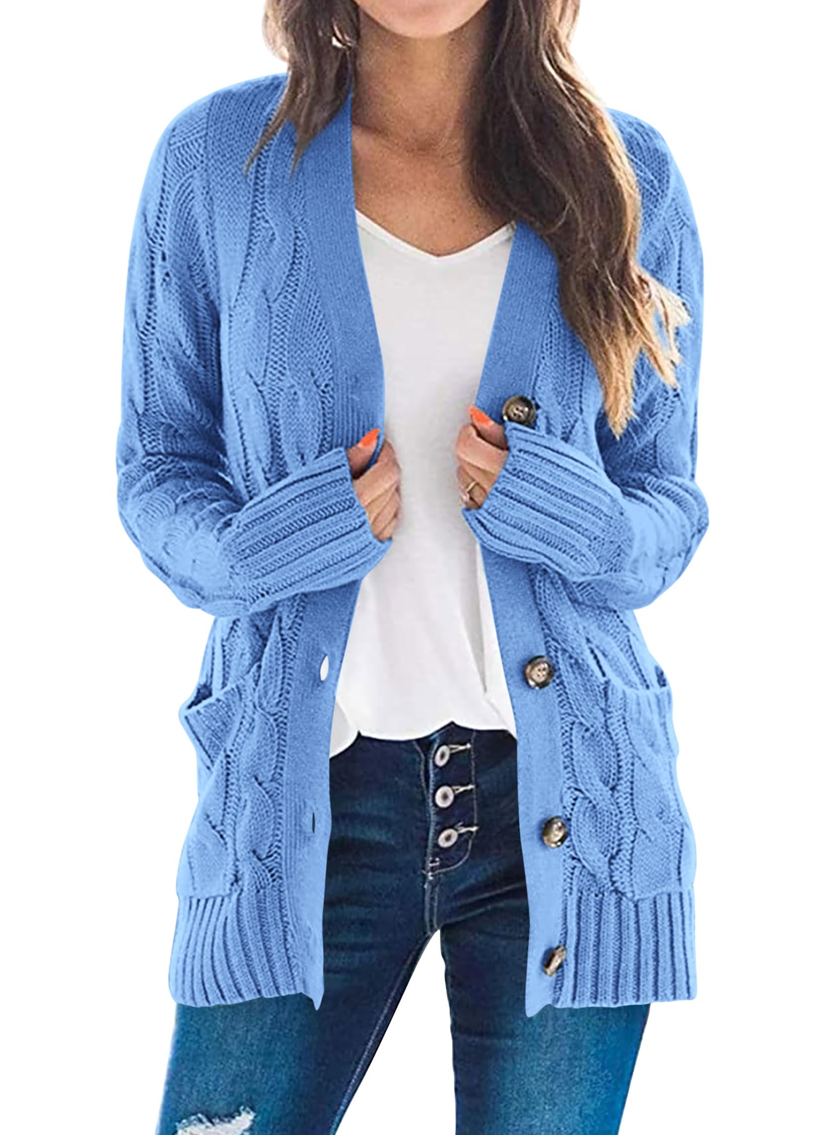 PRETTYGARDEN Women's Open Front Cardigan Sweaters Fall Fashion Button Down Cable Knit Chunky Winter Clothing Outerwear Coats