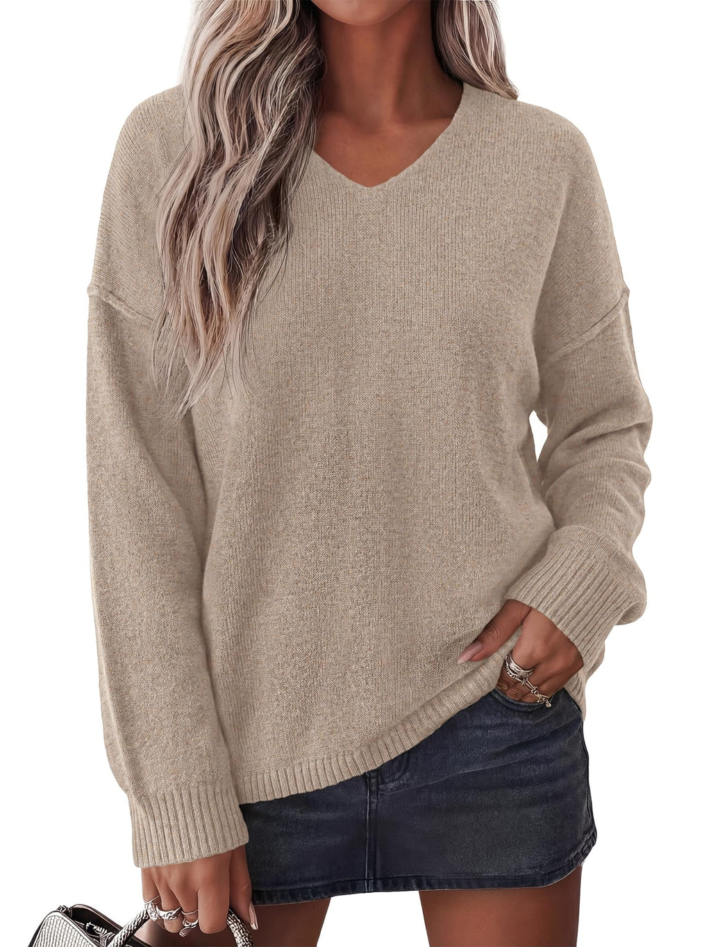 BTFBM Women's Loose Knitted Casual Sweaters | V Neck,Long Sleeve Sweater,Slouchy Pullover Tops,Fall Winter Clothes