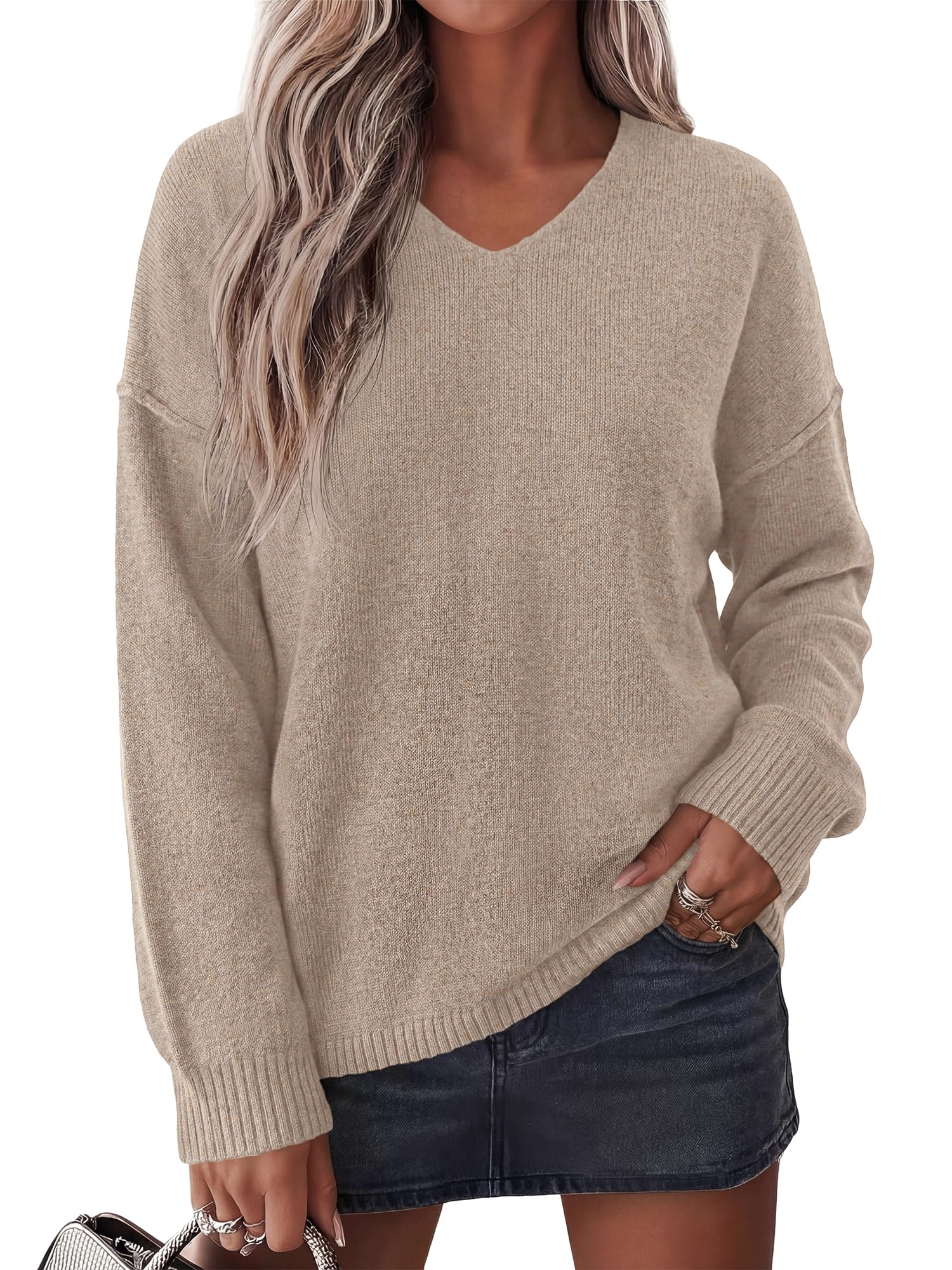 BTFBM Women's Loose Knitted Casual Sweaters | V Neck,Long Sleeve Sweater,Slouchy Pullover Tops,Fall Winter Clothes
