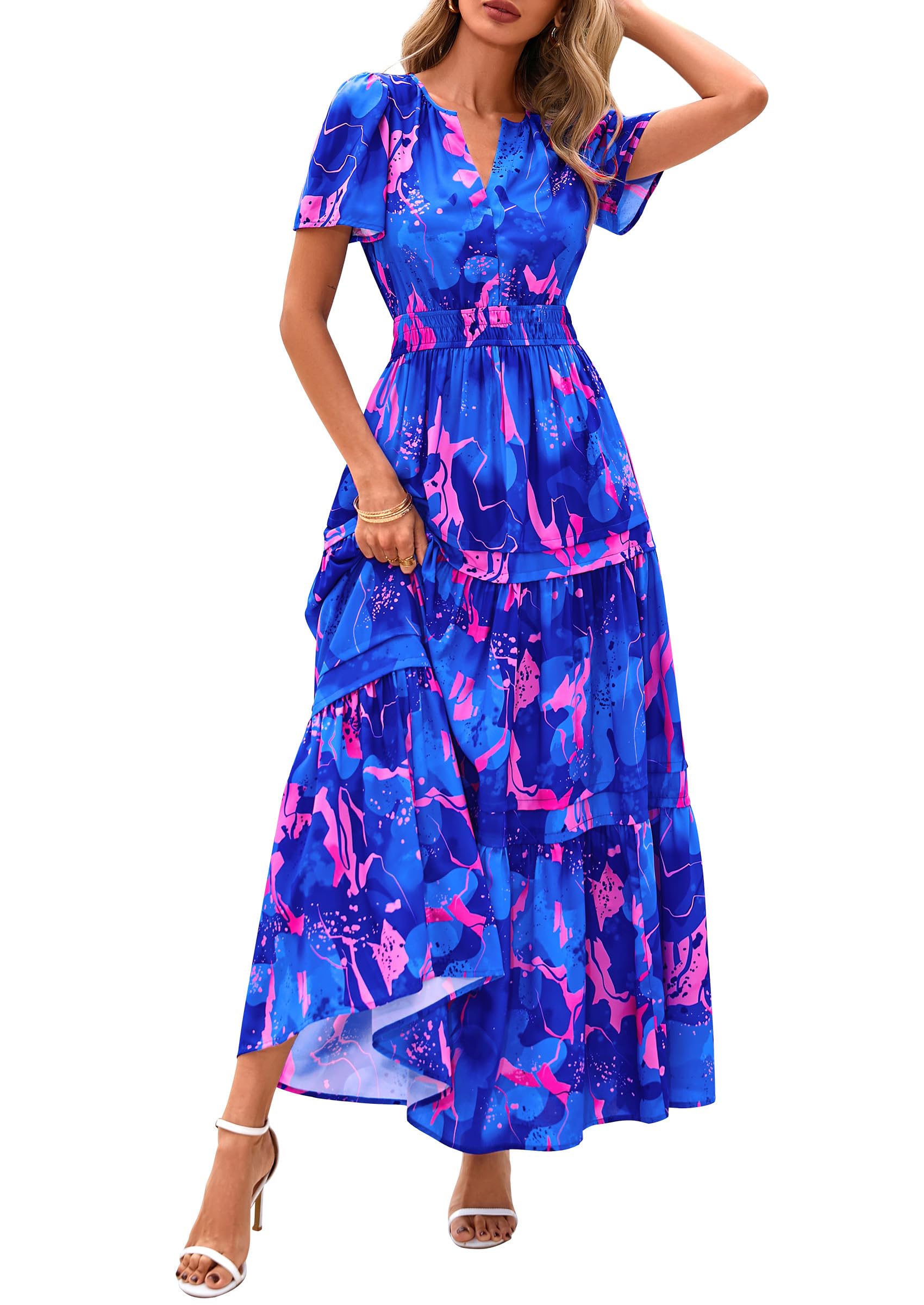 PRETTYGARDEN Summer Maxi Dresses for Women  Casual V Neck Puff Short Sleeve Smocked Flowy Beach Boho Long Floral Dress