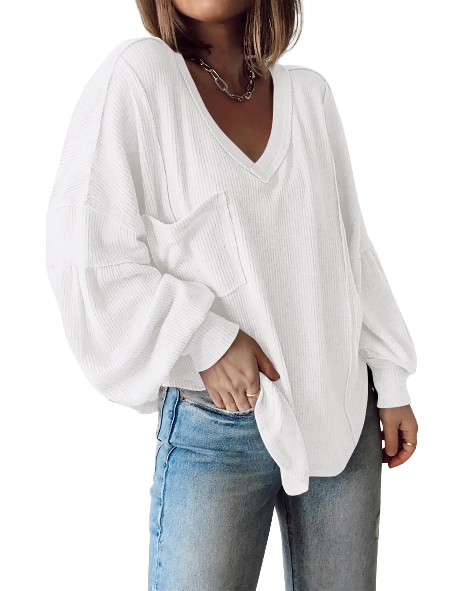 FreshPretty Womens Fall Fashion Long Sleeve Shirts Casual V Neck Ribbed Knit Blouses Pullover Trendy Loose Fit Tunic Tops