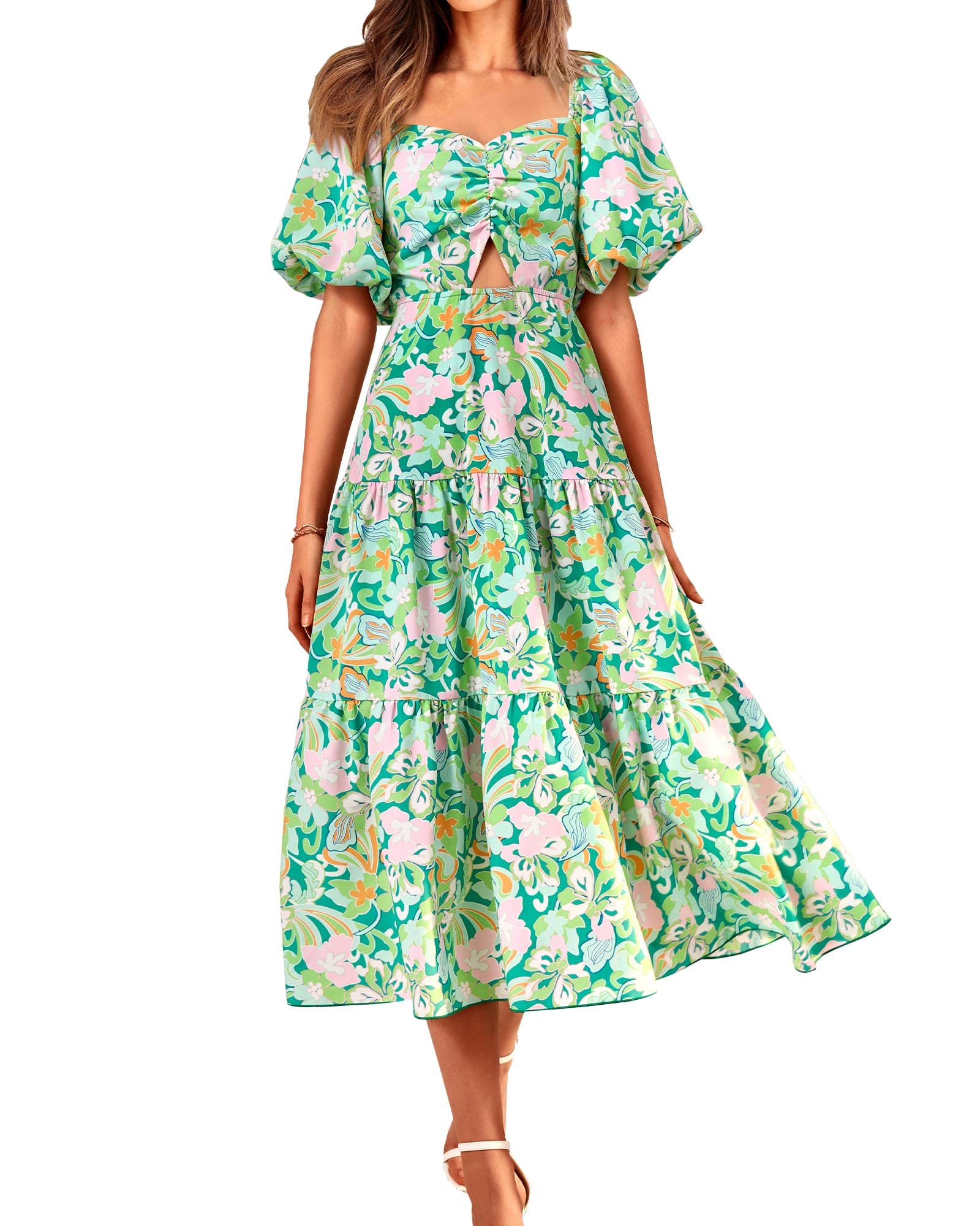 FreshPretty Women Summer Dresses Casual Flowy Beach Square Neck Puff Short Sleeve Smocked Back Boho Floral Long Maxi Dress