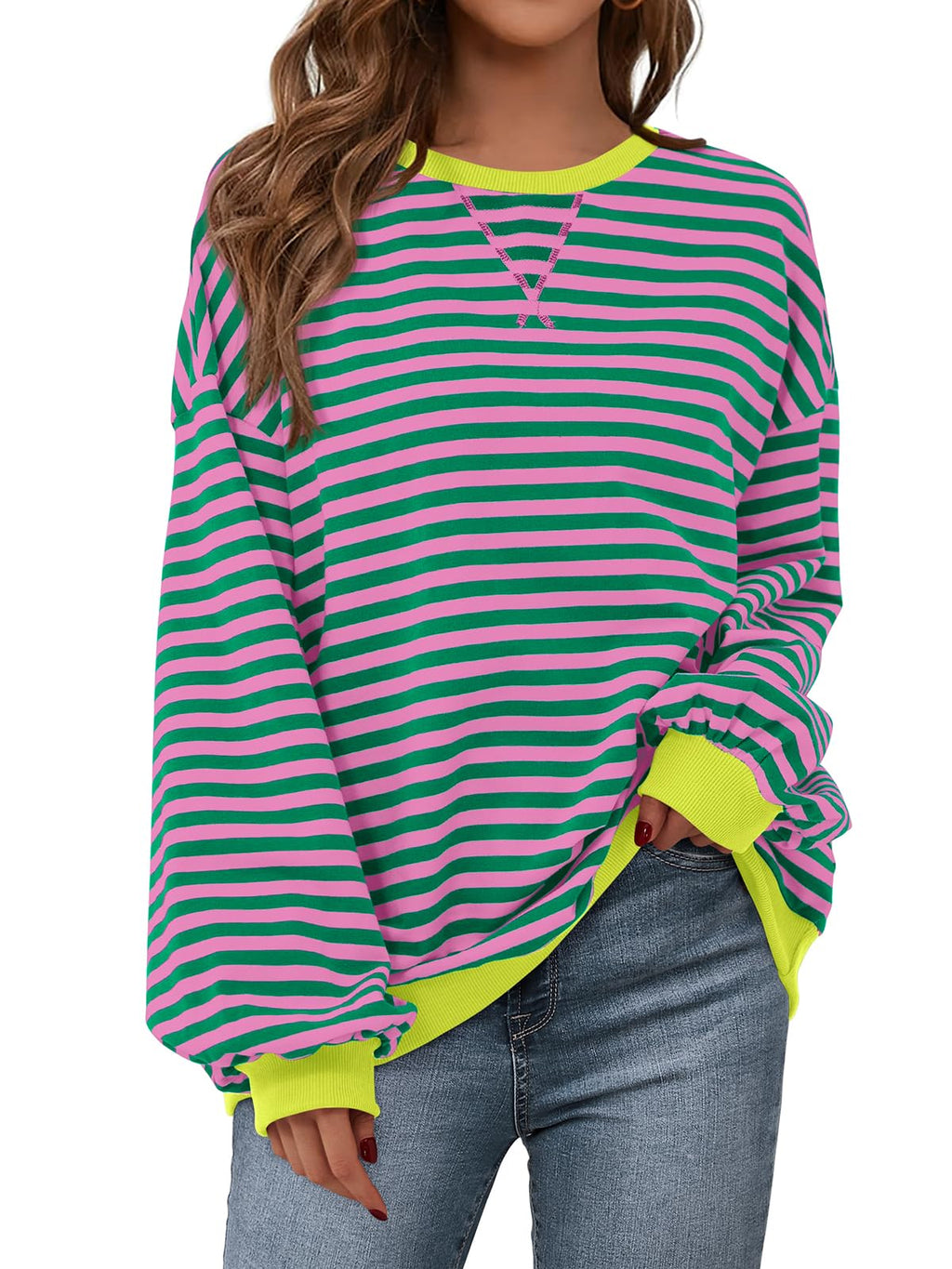 PRETTYGARDEN Womens Striped Oversized Sweatshirt Color Block Crew Neck Long Sleeve Casual Loose Pullover Top Y2K Clothes
