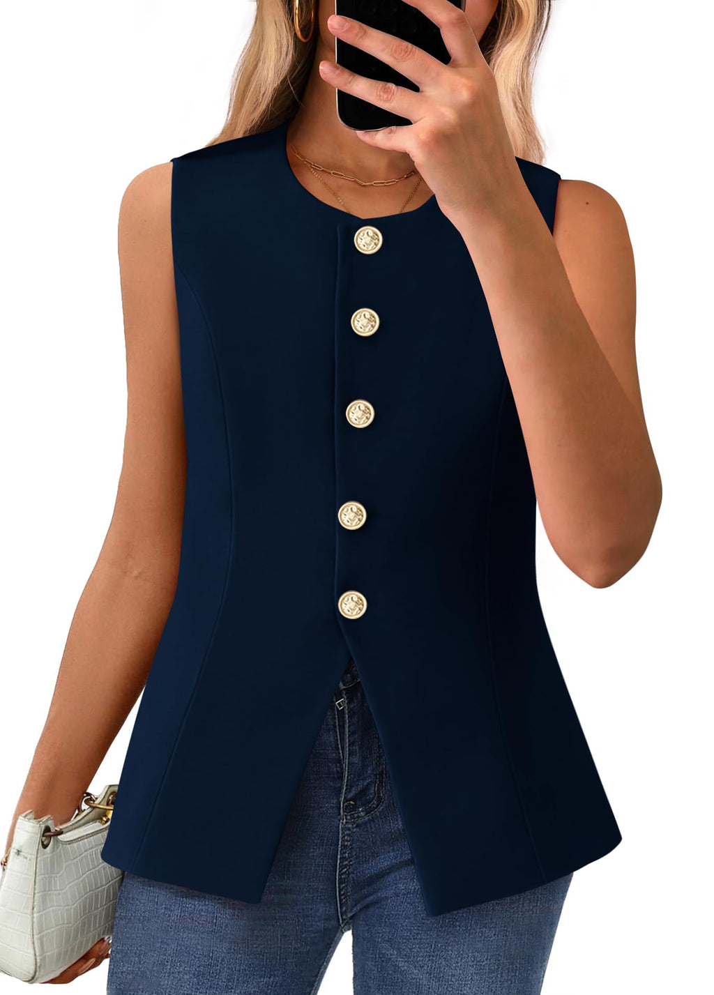 BTFBM Summer Sleeveless Blazer Vest For Women Dressy Button Down Round Neck Business Casual Outfits Work Suit Vests Tops